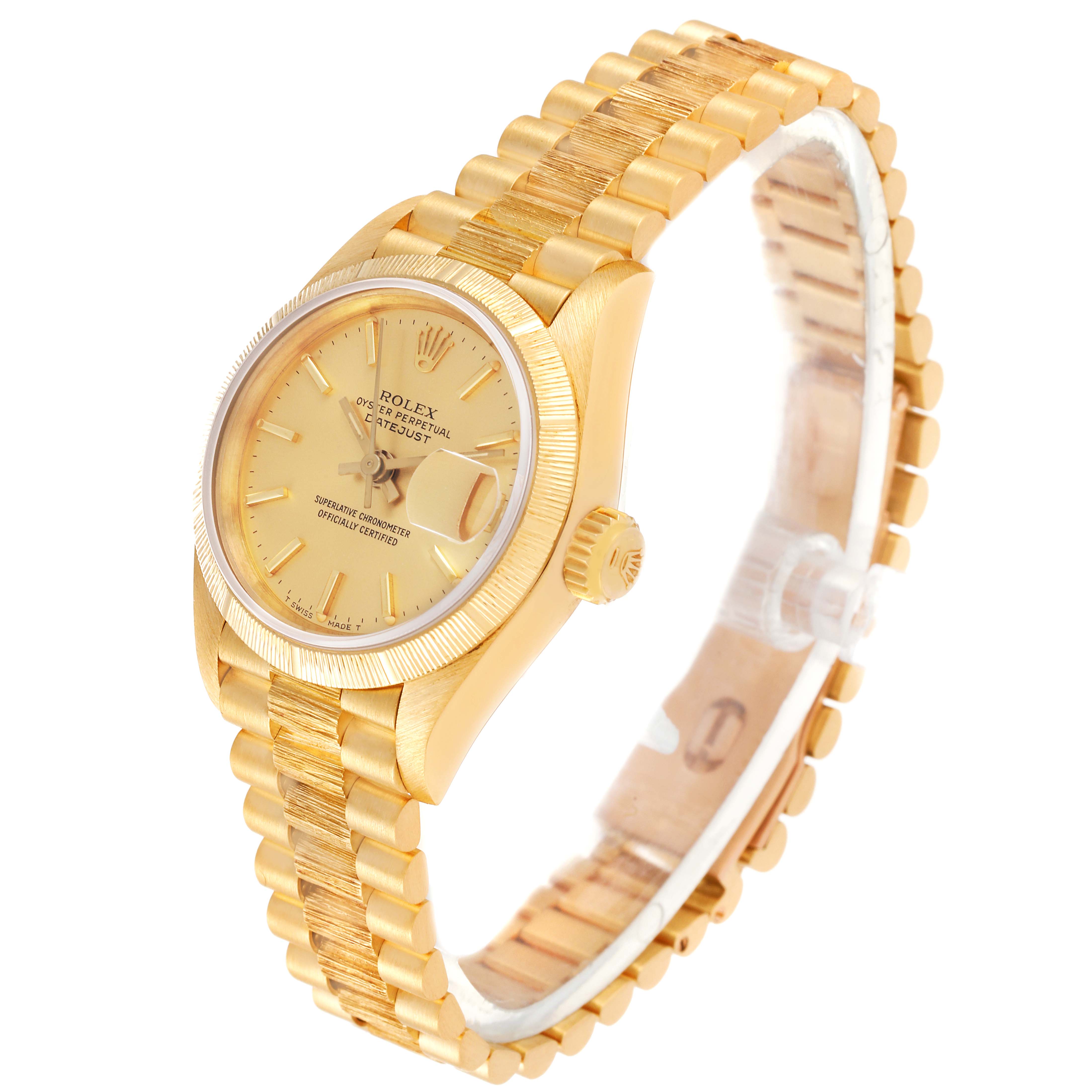 The Rolex President 69278 Women's Yellow Gold Champagne Dial 69278 Women's Yellow Gold Champagne Dial model is shown at an angle displaying the face, bezel, crown, and part of the bracelet.
