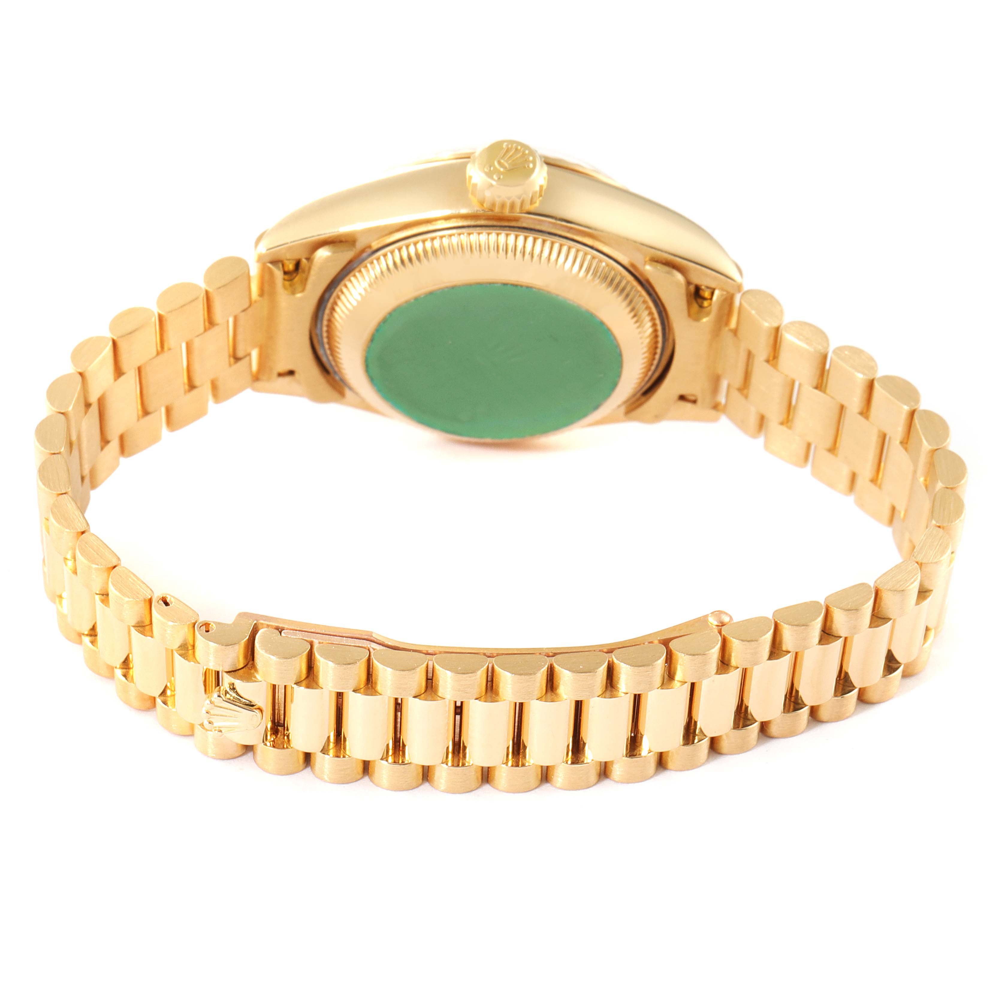 This image shows the back case and bracelet of a gold Rolex President 69178 Women's Yellow Gold Beige Dial 69178 Women's Yellow Gold Beige Dial model watch from a rear angle.