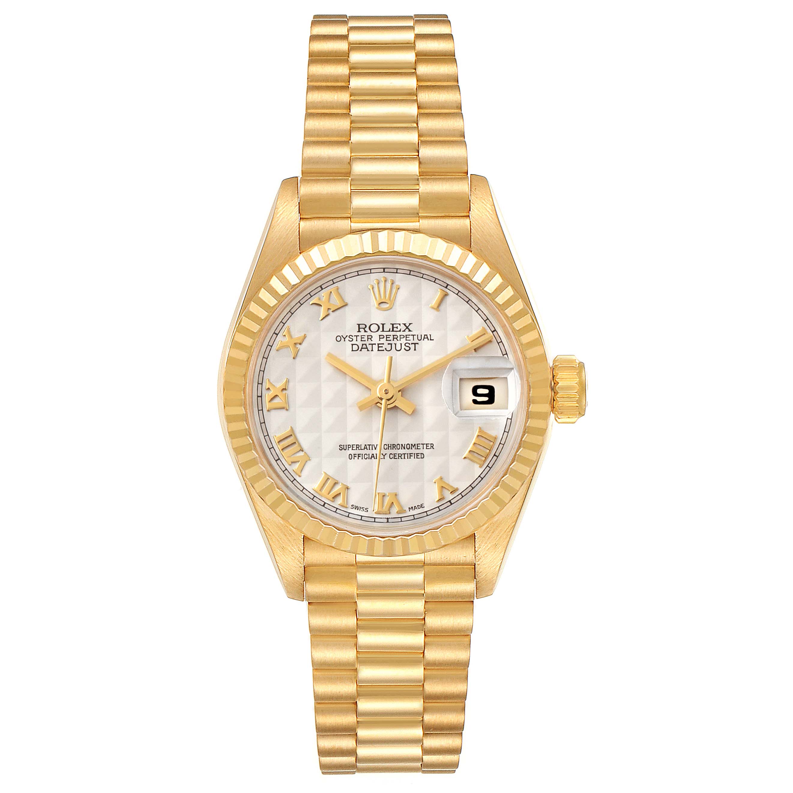 This image shows a front view of a Rolex President 69178 Women's Yellow Gold Beige Dial 69178 Women's Yellow Gold Beige Dial Datejust watch, including its entire face, bezel, dial, and bracelet.