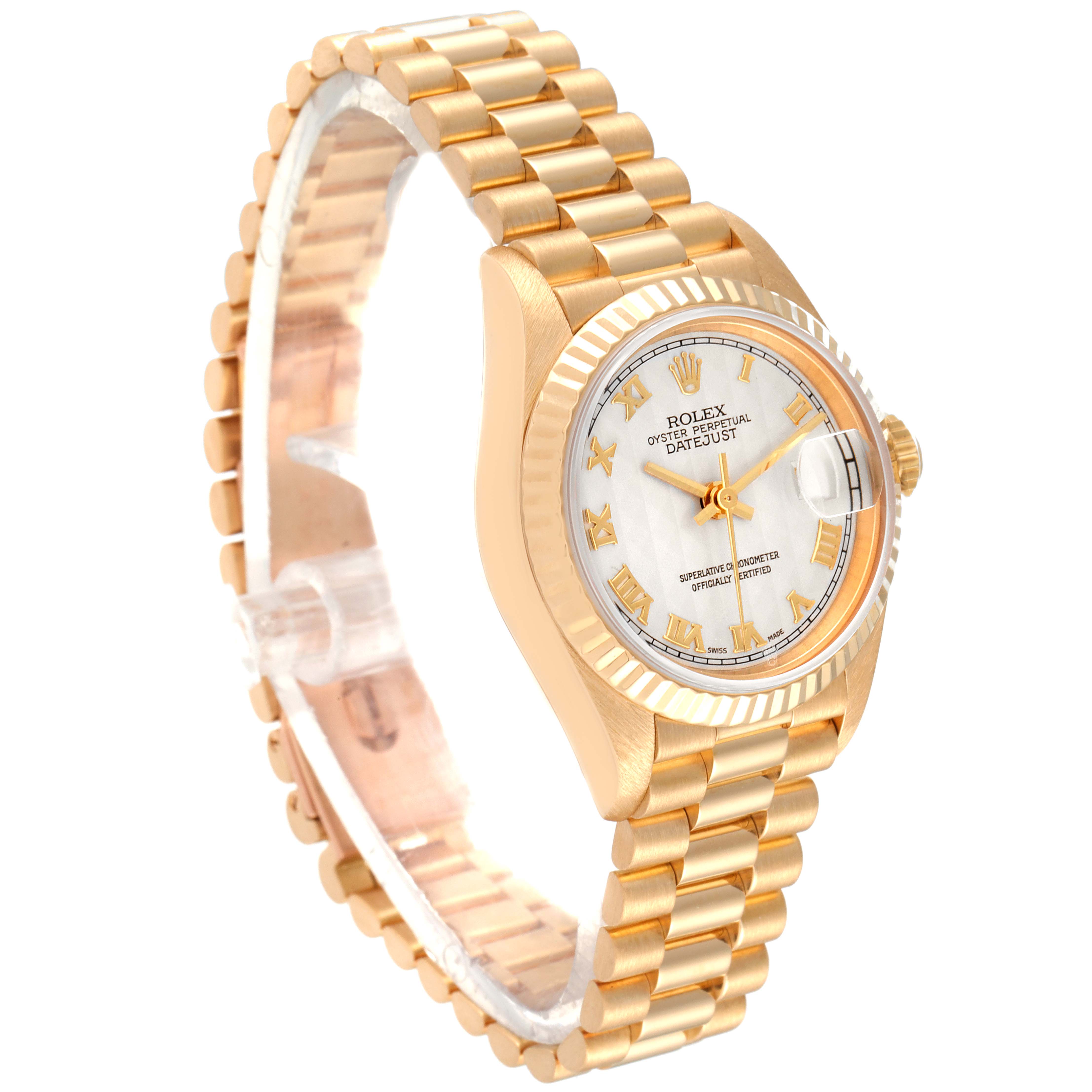 This image displays a Rolex President 69178 Women's Yellow Gold Beige Dial 69178 Women's Yellow Gold Beige Dial model watch from an angled side view, showing the bracelet, case, dial, and bezel.