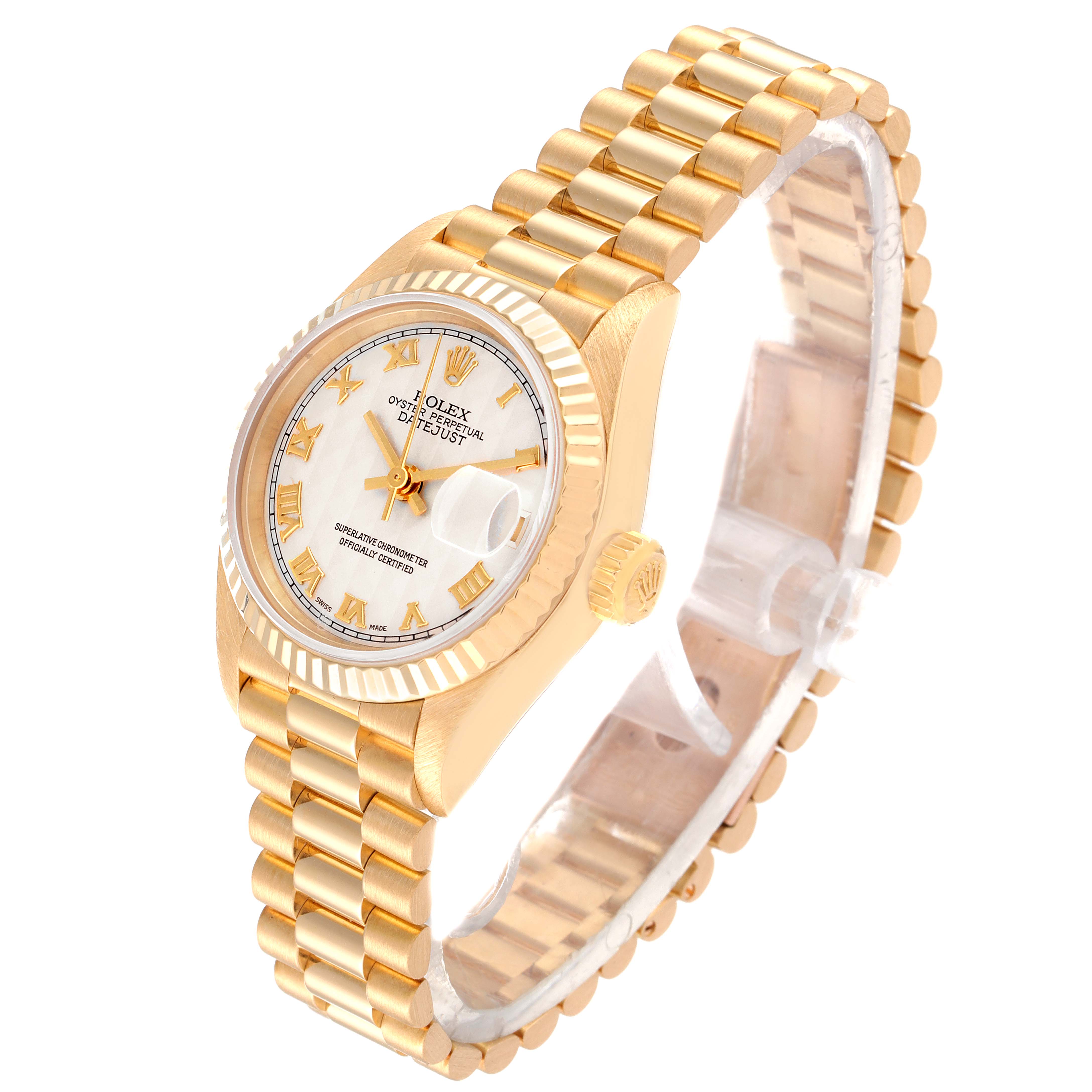 The image shows a Rolex President 69178 Women's Yellow Gold Beige Dial 69178 Women's Yellow Gold Beige Dial model watch at a slight angle, highlighting the dial, bezel, bracelet, and crown.
