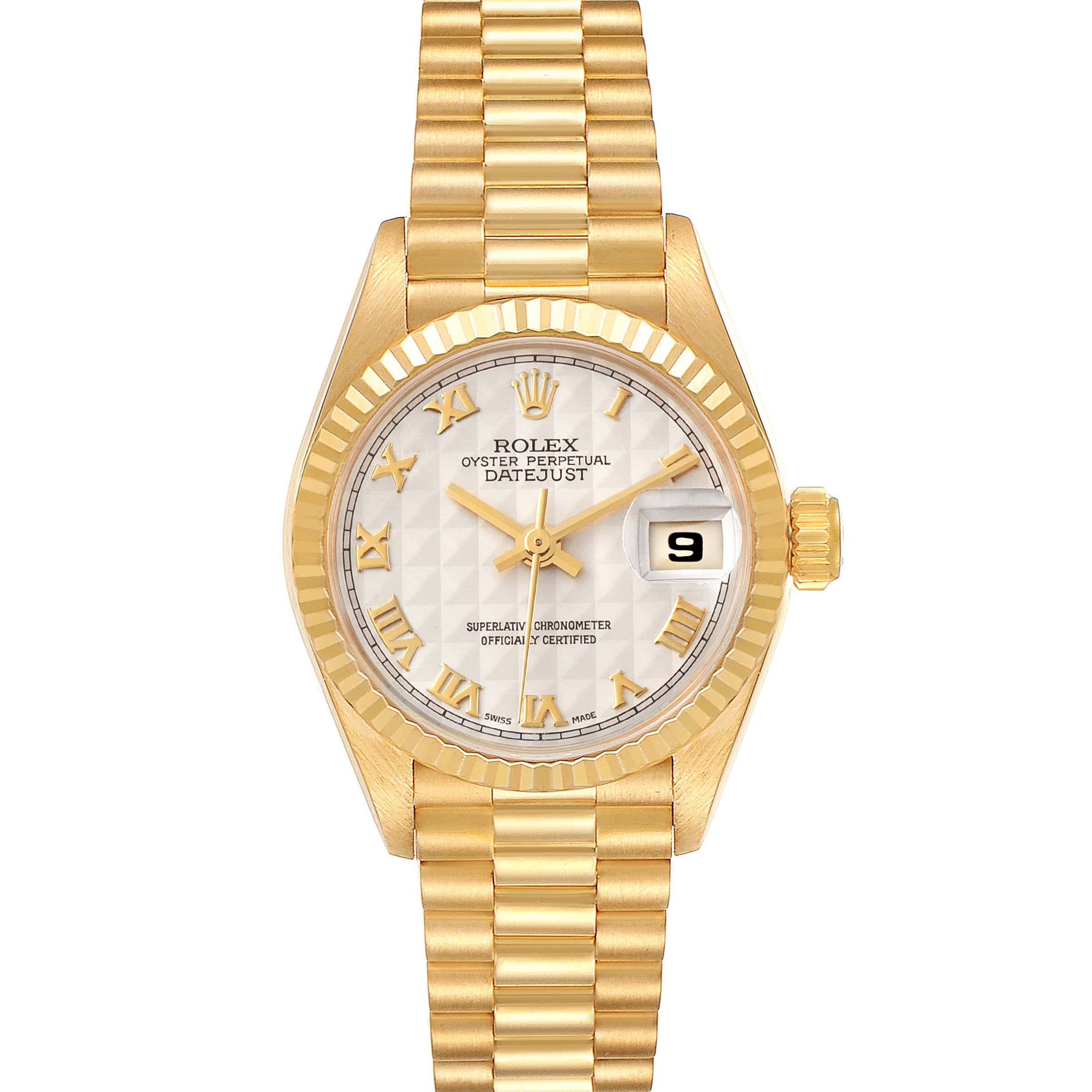 This image shows a front view of a Rolex President 69178 Women's Yellow Gold Beige Dial 69178 Women's Yellow Gold Beige Dial model watch, highlighting its gold band, bezel, and dial with Roman numerals.