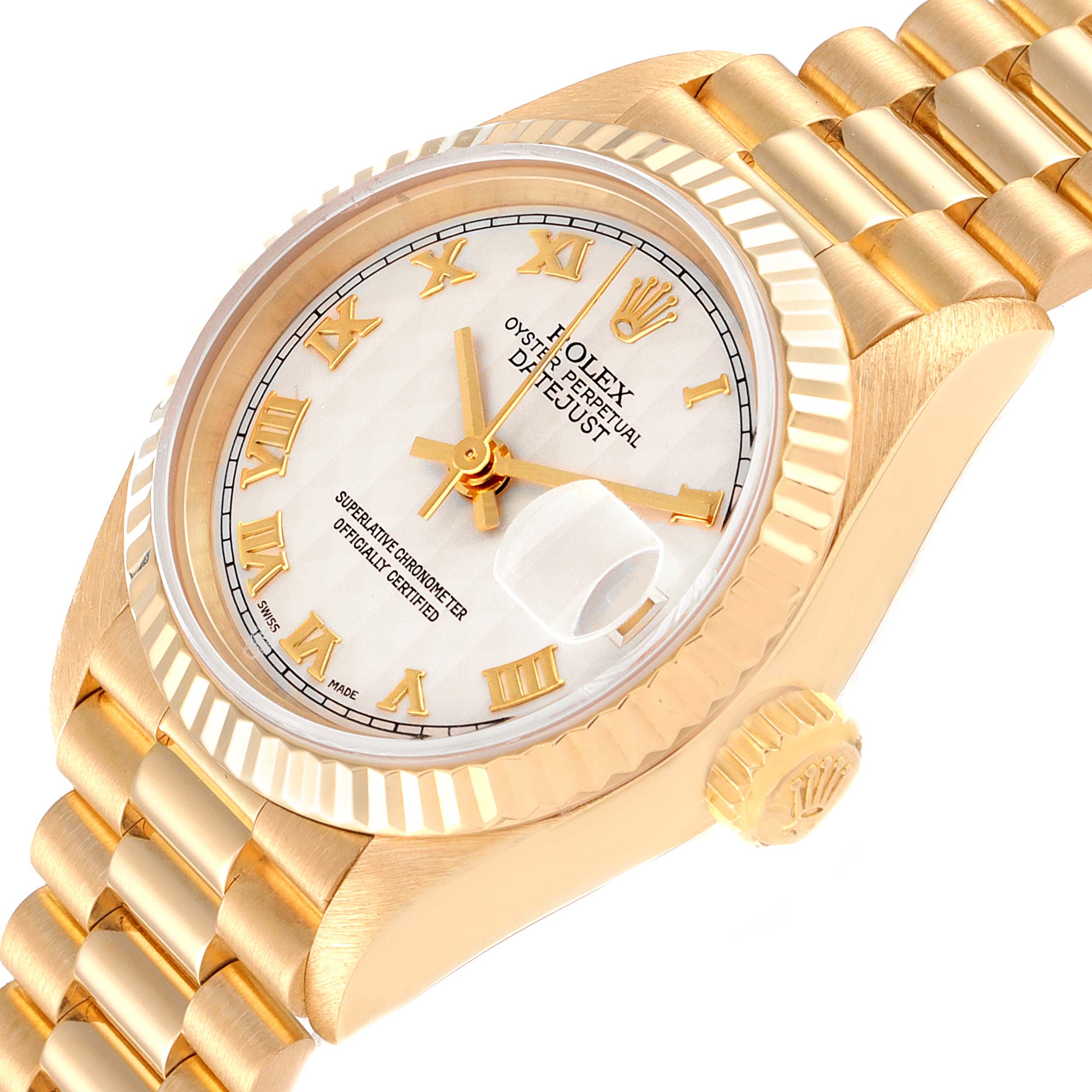 The image shows a Rolex President 69178 Women's Yellow Gold Beige Dial 69178 Women's Yellow Gold Beige Dial model watch at an angle highlighting the gold dial, Roman numerals, crown, and part of the bracelet.