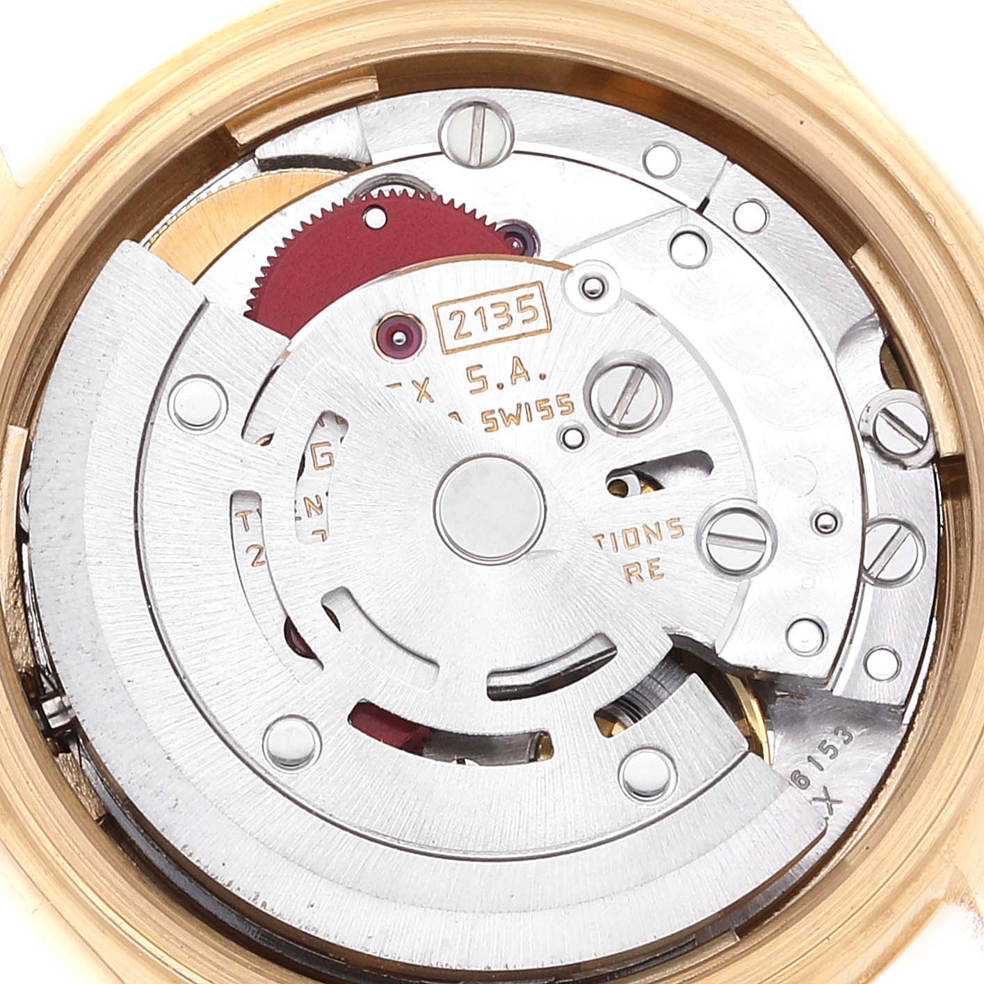 The image shows the internal mechanism and movement of a Rolex President 69178 Women
s Yellow Gold Champagne Dial 69178 Women
s Yellow Gold Champagne Dial watch, viewed from the back.