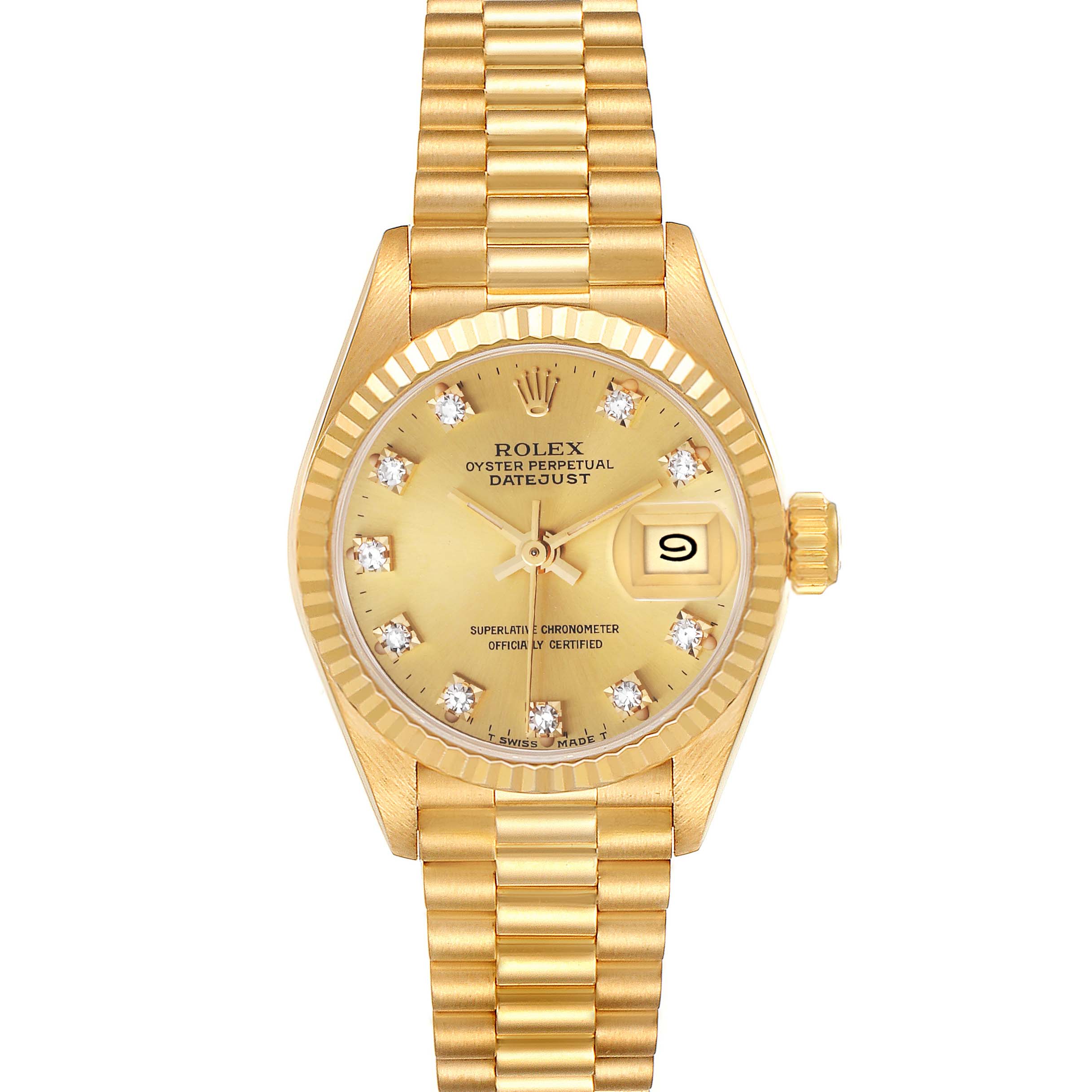 The image shows a direct front view of the Rolex President 69178 Women
s Yellow Gold Champagne Dial 69178 Women
s Yellow Gold Champagne Dial model watch, showcasing the dial, bracelet, and date window.
