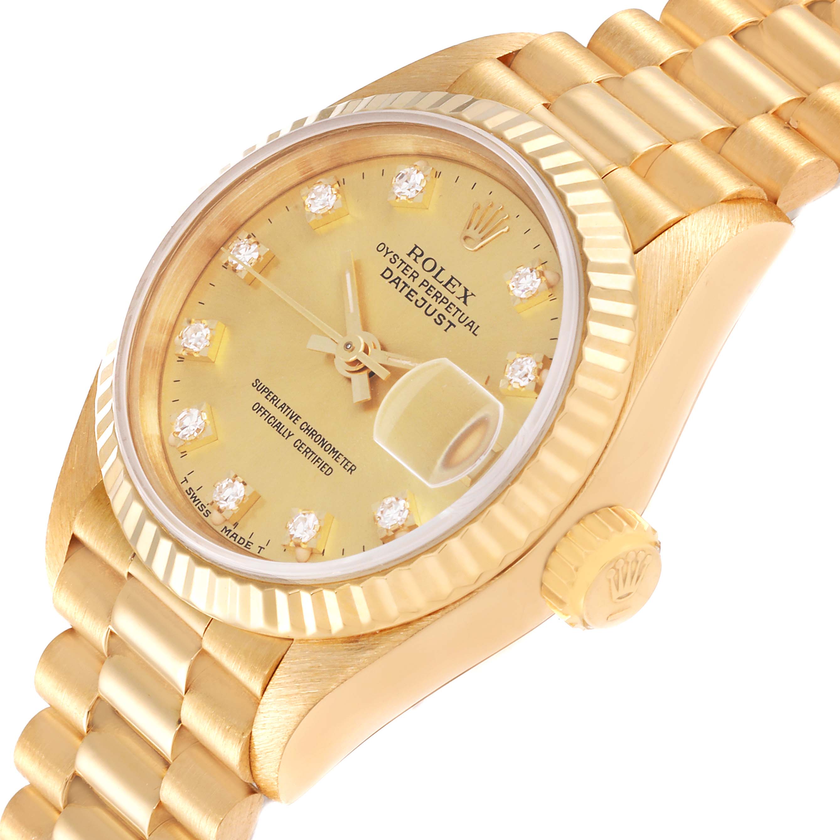 The image shows a side angle of a Rolex President 69178 Women
s Yellow Gold Champagne Dial 69178 Women
s Yellow Gold Champagne Dial model watch, highlighting the face, bezel, crown, and part of the band.