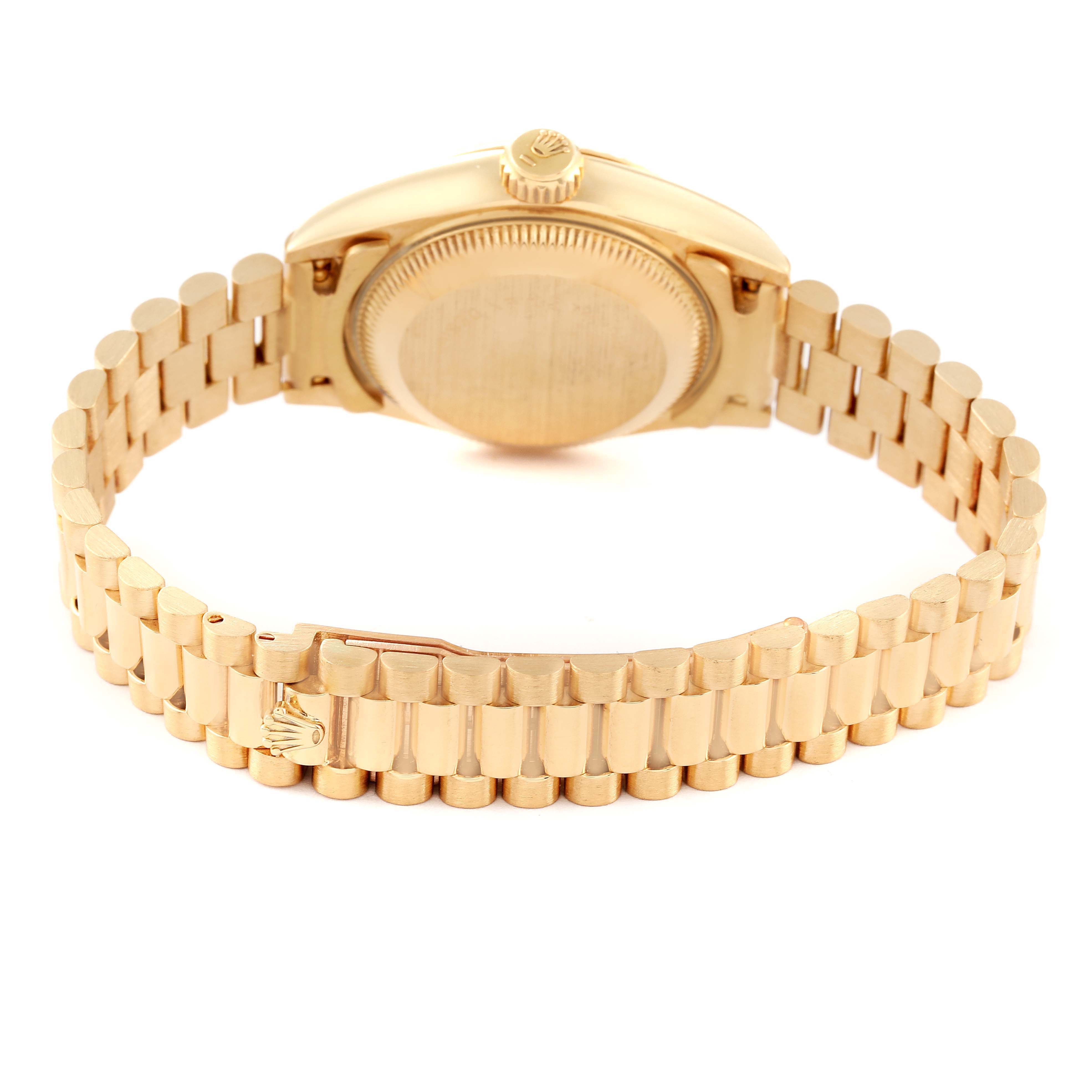 This image shows the back view of the Rolex President 69178 Women
s Yellow Gold Champagne Dial 69178 Women
s Yellow Gold Champagne Dial model watch, highlighting its gold case and bracelet.
