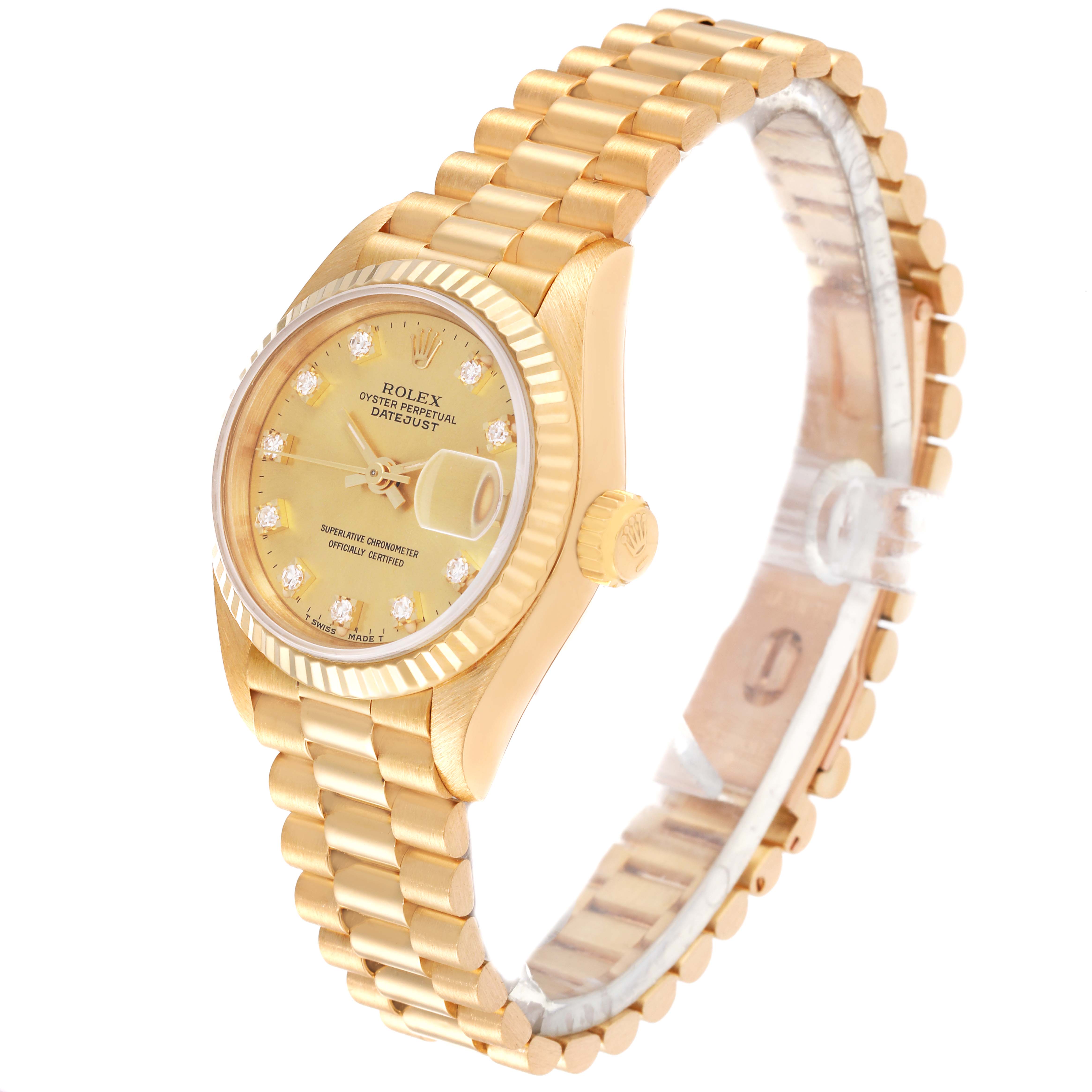The image shows a Rolex President 69178 Women
s Yellow Gold Champagne Dial 69178 Women
s Yellow Gold Champagne Dial model watch from an angled side view, featuring the face, bezel, crown, and bracelet.