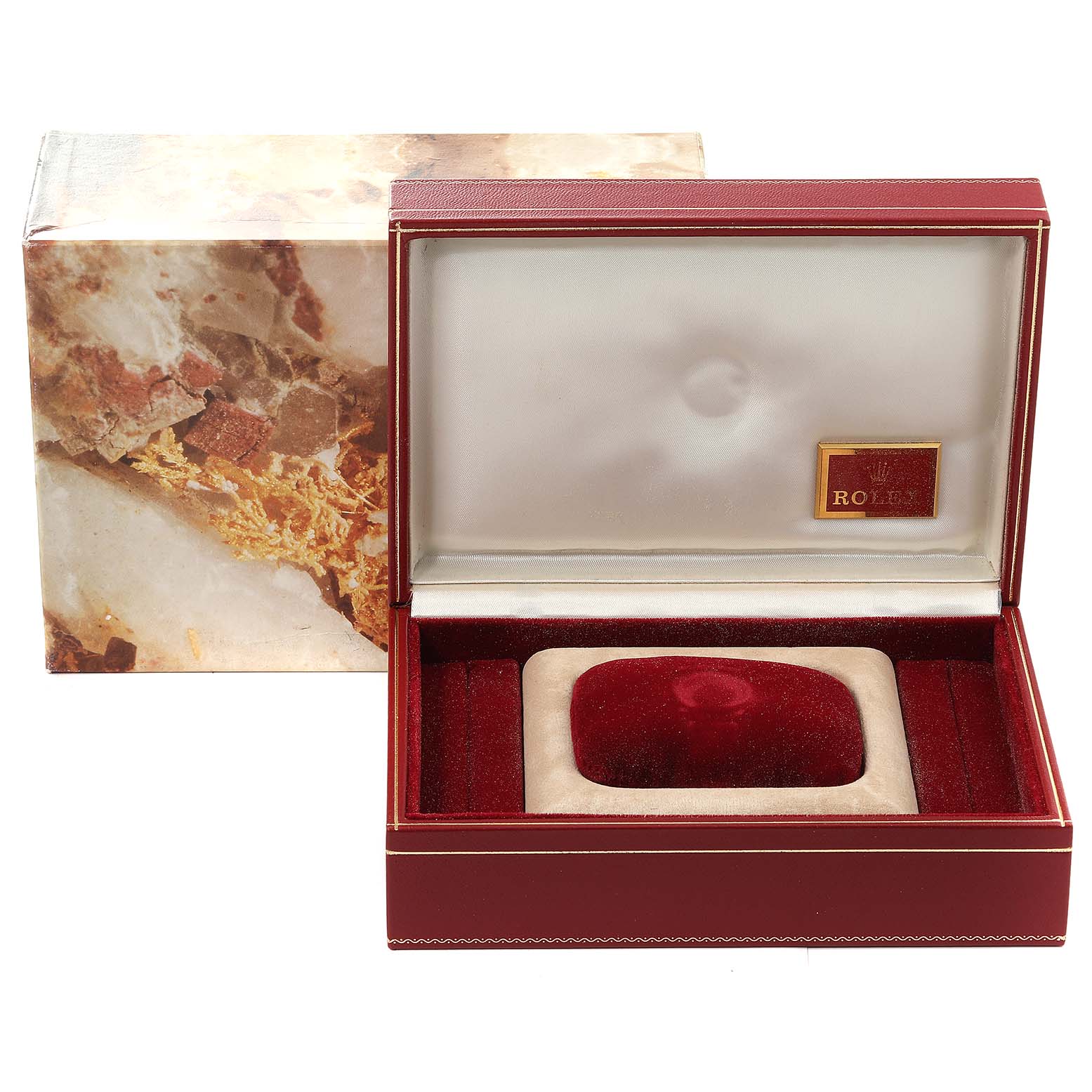 The image shows a red and beige display box and outer packaging for a Rolex President 69178 Women
s Yellow Gold Champagne Dial 69178 Women
s Yellow Gold Champagne Dial model watch, shot from the front.