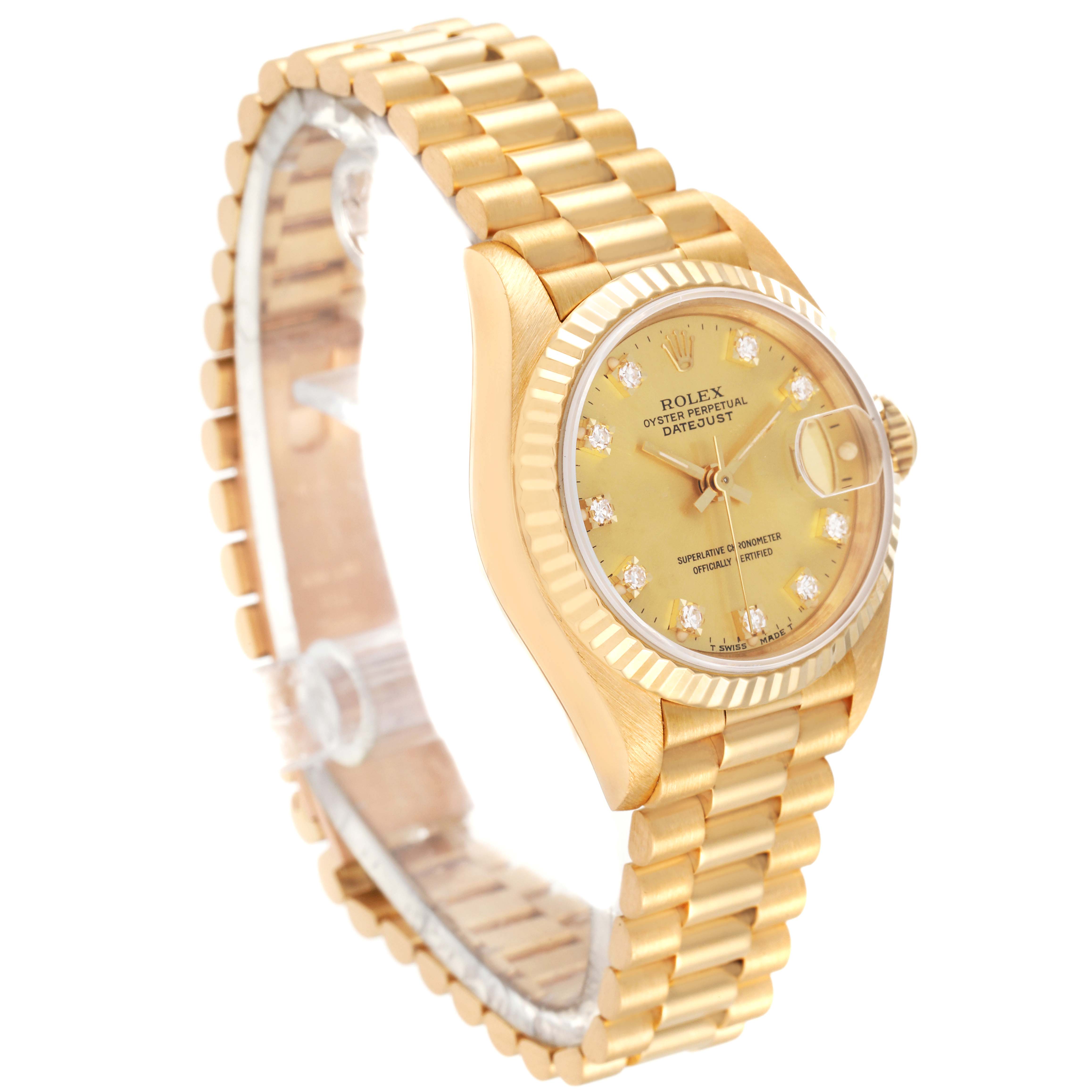 This image shows a side angle of a Rolex President 69178 Women
s Yellow Gold Champagne Dial 69178 Women
s Yellow Gold Champagne Dial model watch, highlighting its gold bracelet, case, and dial.