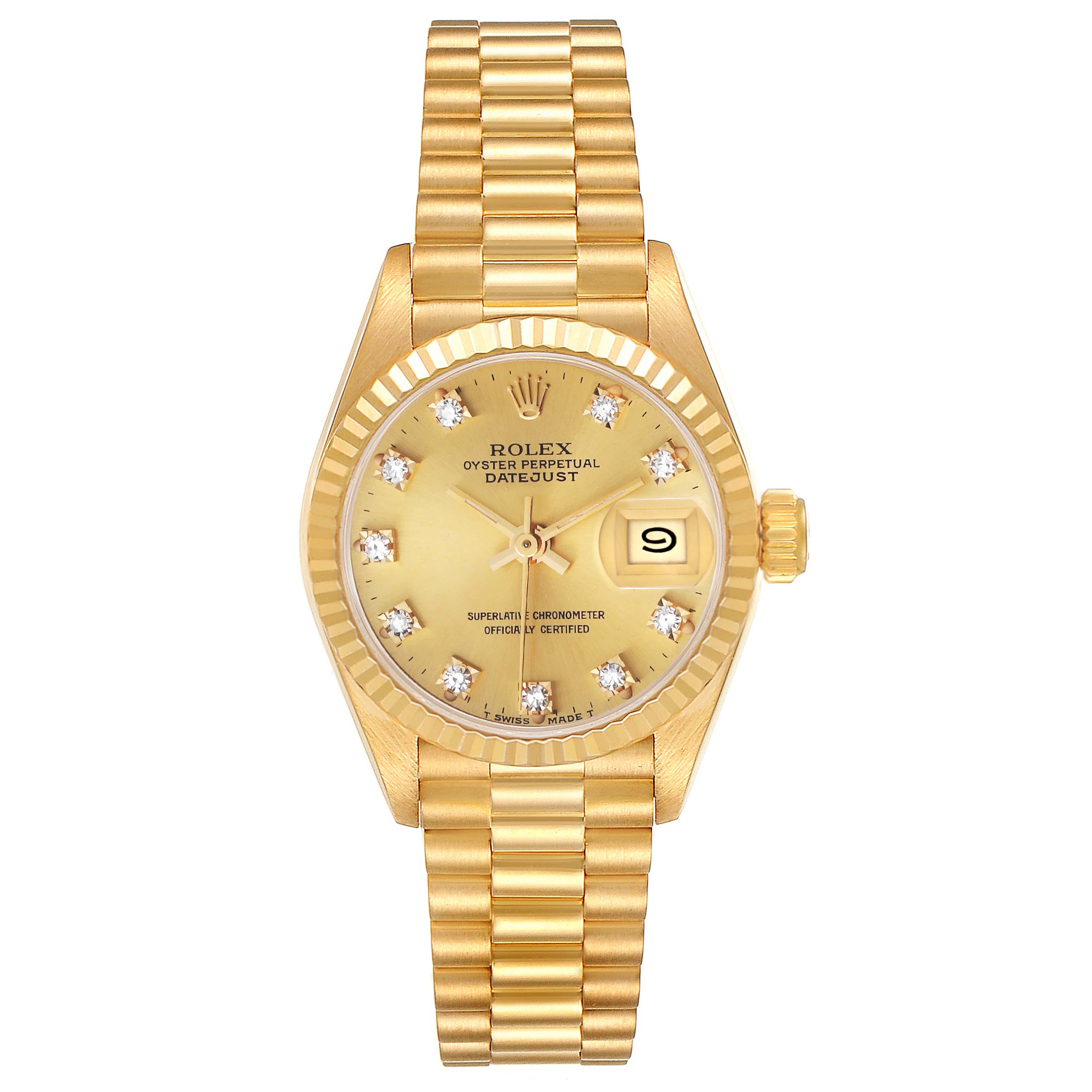 This image shows a front view of the Rolex President 69178 Women
s Yellow Gold Champagne Dial 69178 Women
s Yellow Gold Champagne Dial model watch, displaying the face, bezel, and bracelet.