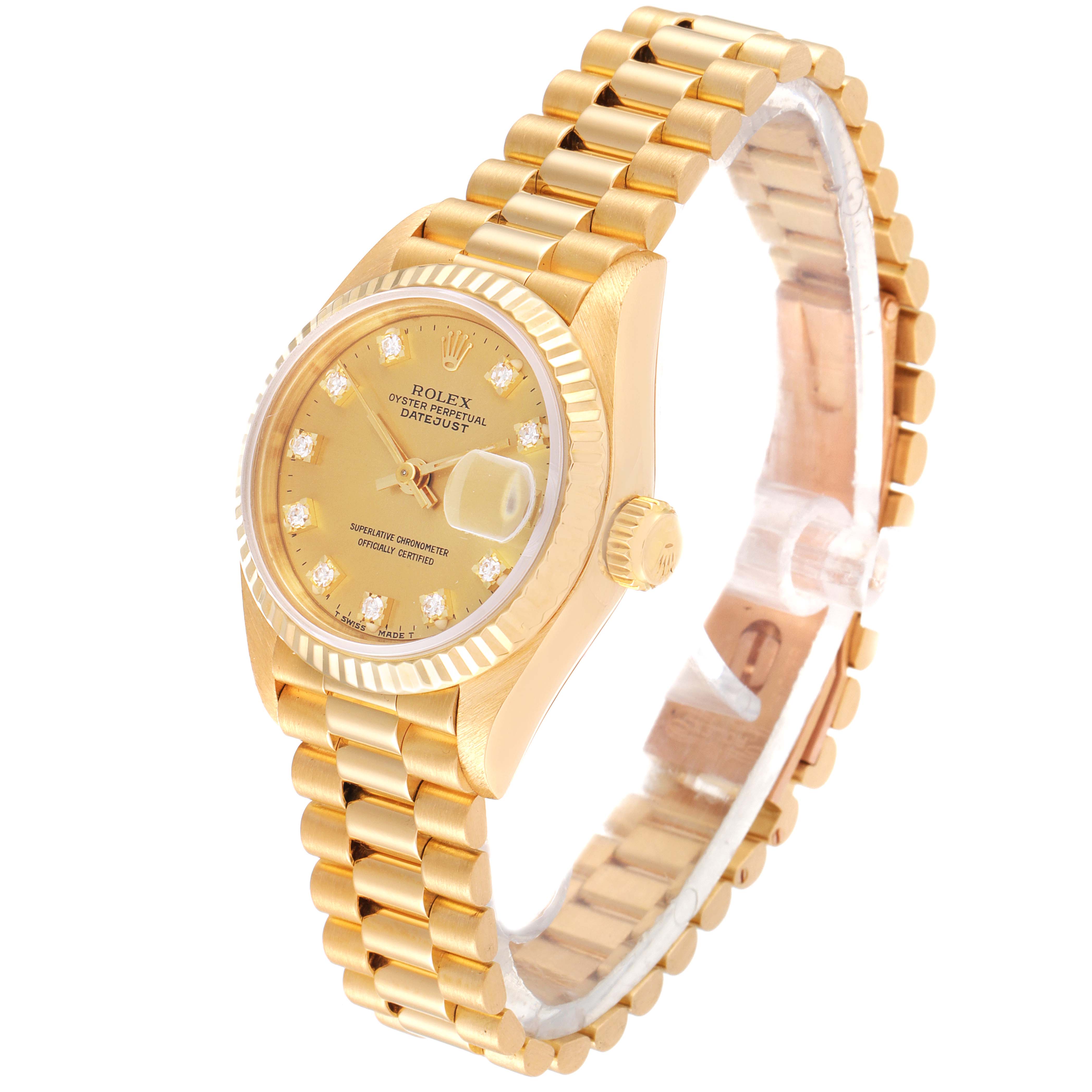 The image shows a Rolex President 69178 Women
s Yellow Gold Champagne Dial 69178 Women
s Yellow Gold Champagne Dial model watch at an angle highlighting the face, bezel, band, and crown.