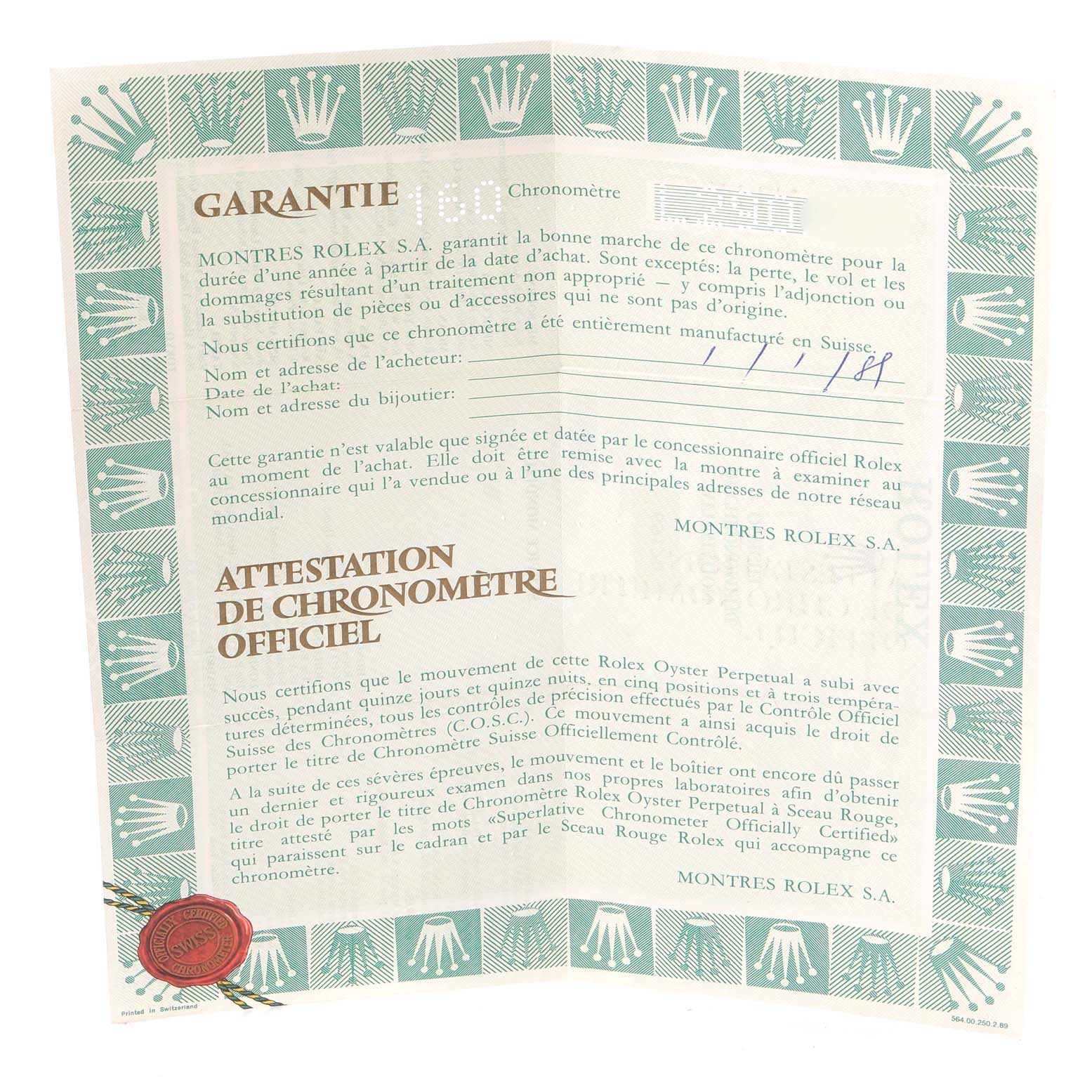 Image shows a guarantee and chronometer certificate document for the Rolex President 69178 Women
s Yellow Gold Champagne Dial 69178 Women
s Yellow Gold Champagne Dial model.