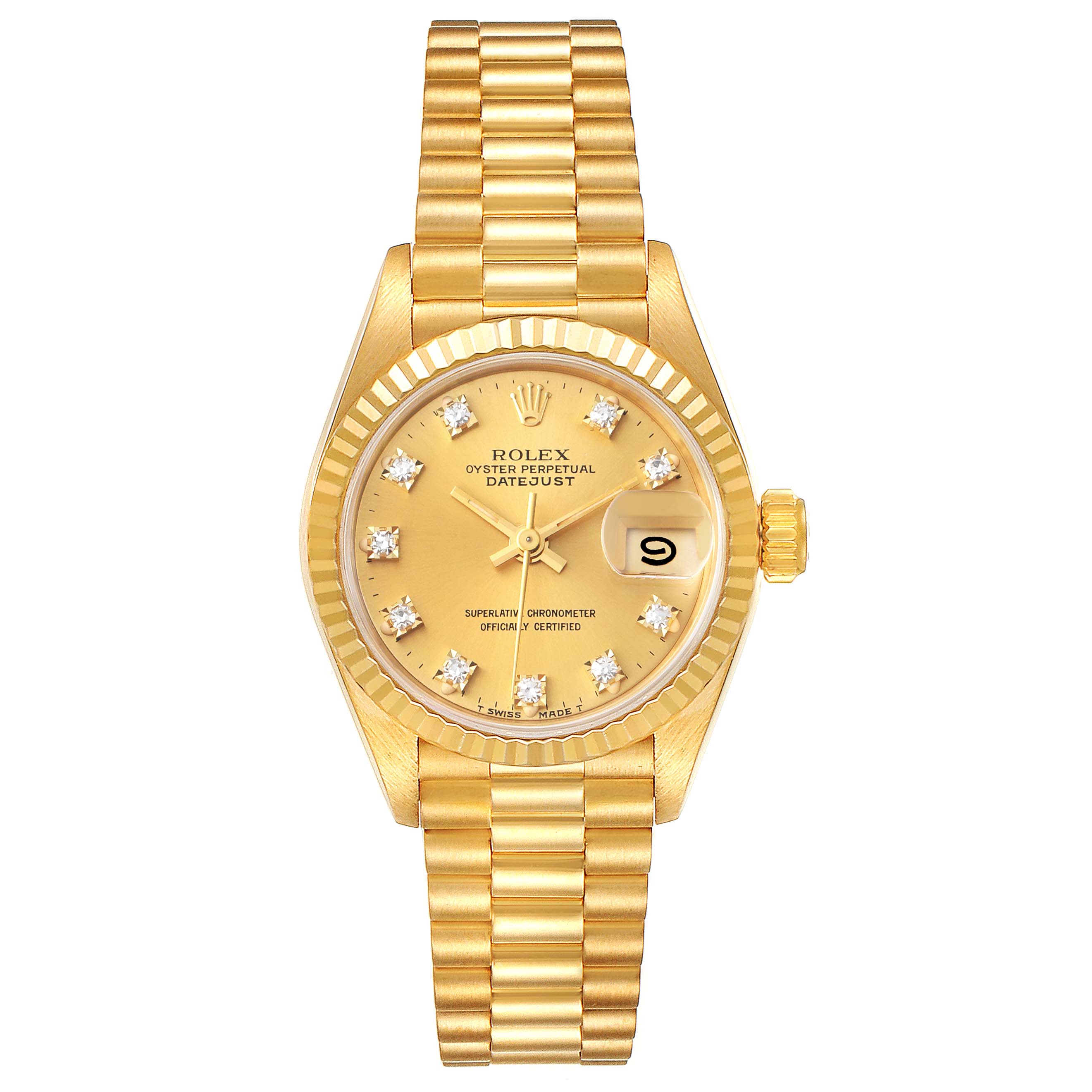 The image shows a front view of the Rolex President 69178 Women
s Yellow Gold Champagne Dial 69178 Women
s Yellow Gold Champagne Dial model watch, highlighting the gold case, bracelet, and diamond hour markers.