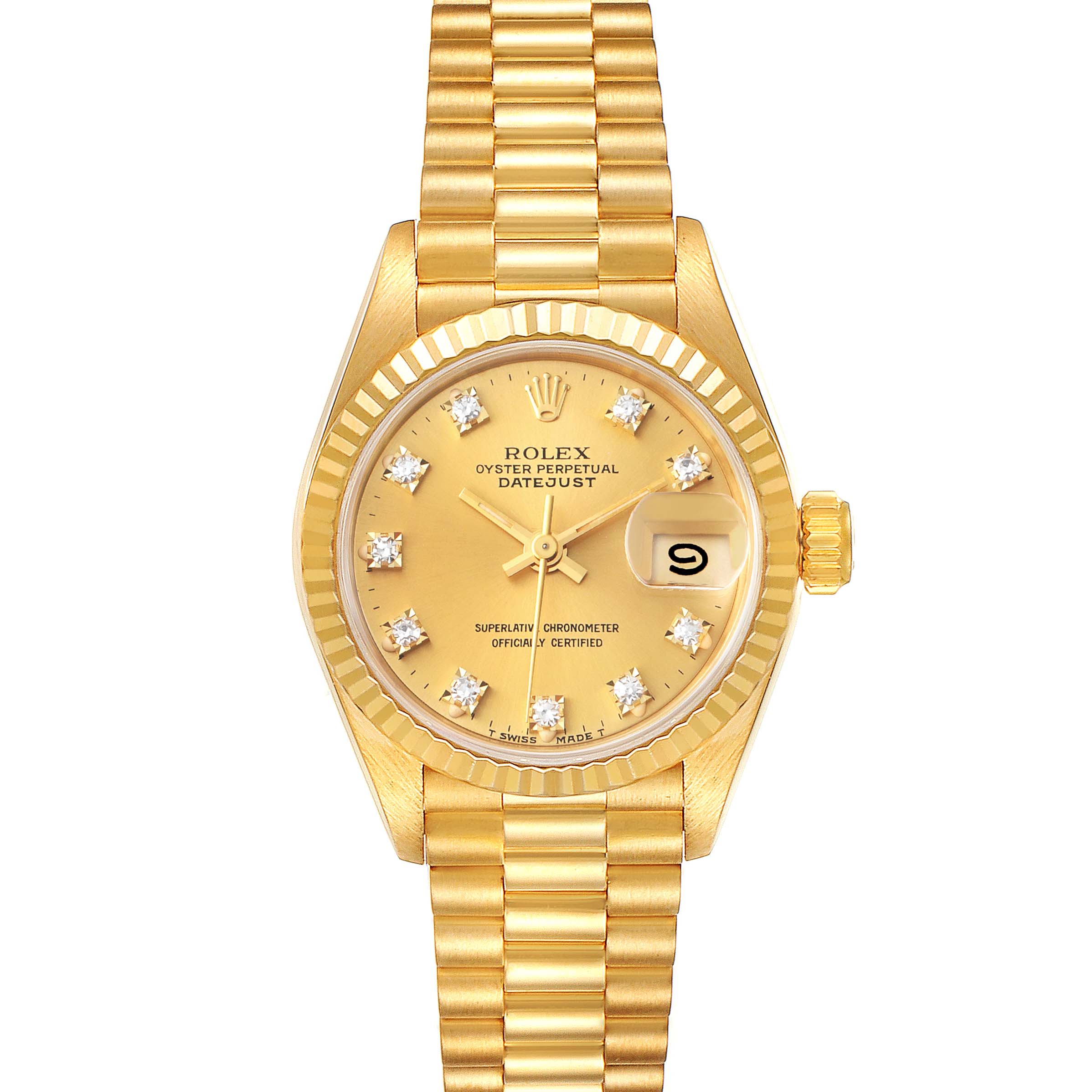 The image shows a front view of the Rolex President 69178 Women
s Yellow Gold Champagne Dial 69178 Women
s Yellow Gold Champagne Dial model watch, highlighting its gold dial, date window, and bracelet.
