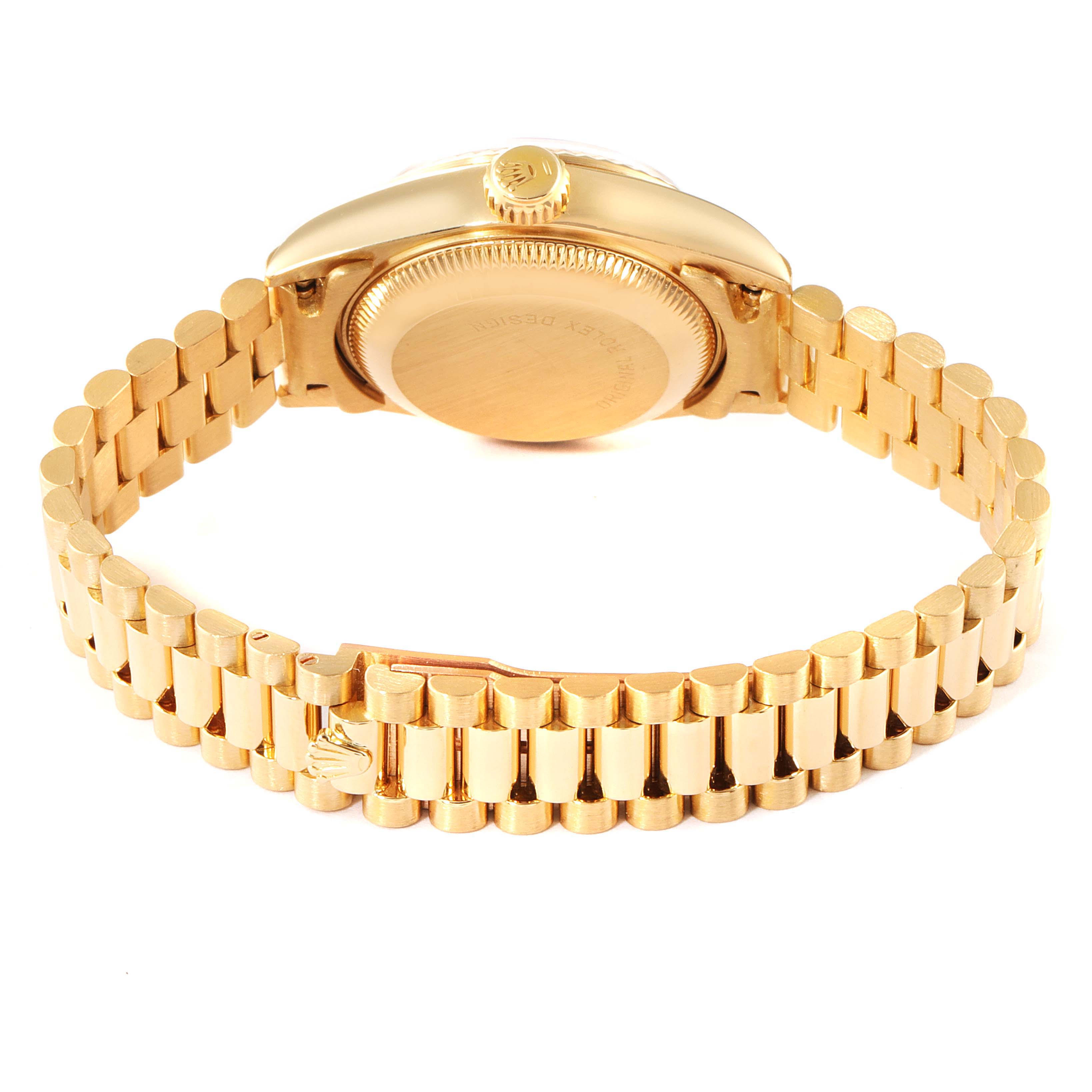 This image shows the rear view of a Rolex President 69178 Women
s Yellow Gold Champagne Dial 69178 Women
s Yellow Gold Champagne Dial model watch, displaying its gold band and case back.