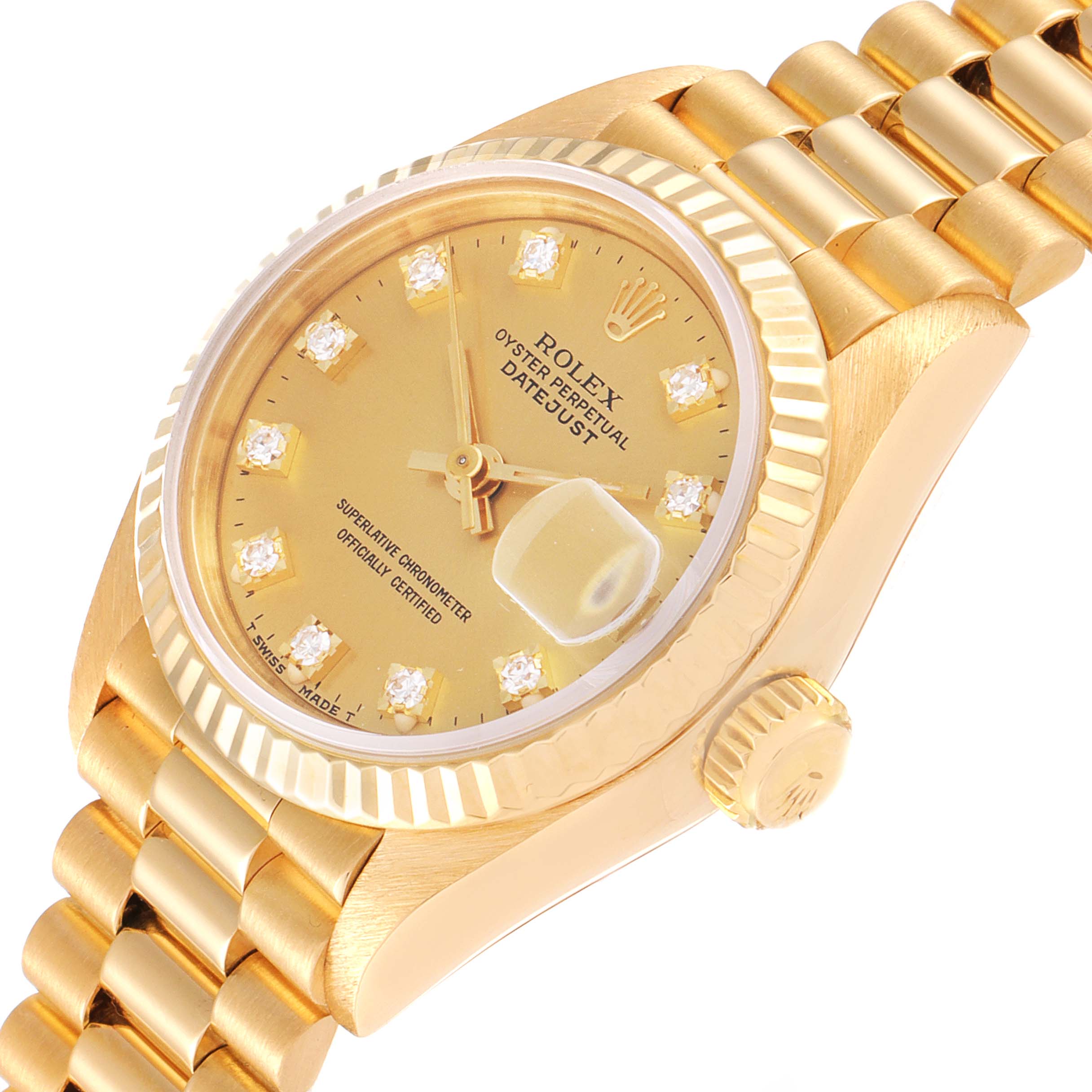 The image shows a close-up oblique view of the Rolex President 69178 Women
s Yellow Gold Champagne Dial 69178 Women
s Yellow Gold Champagne Dial model watch, highlighting its dial, bezel, and band.