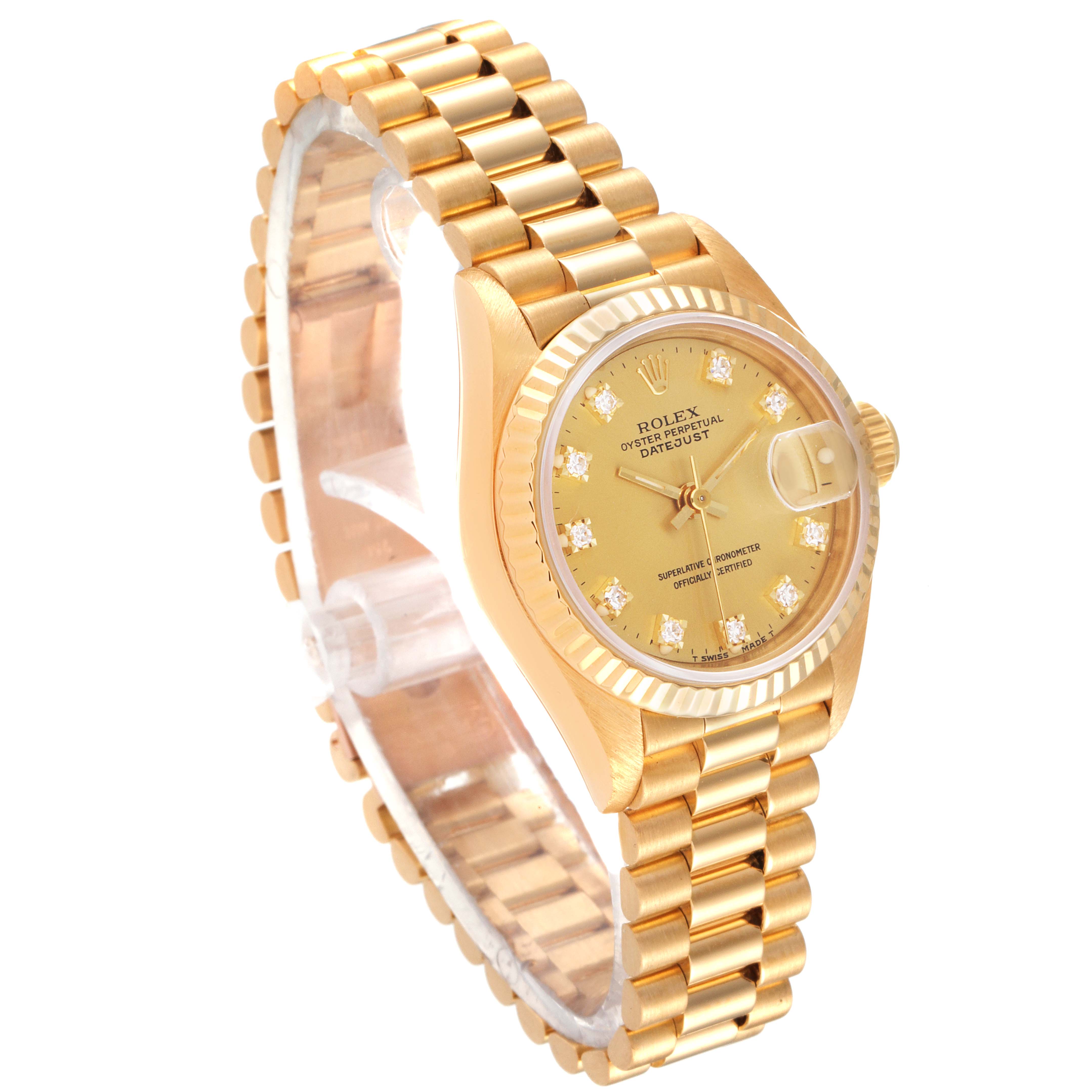 This image shows a Rolex President 69178 Women
s Yellow Gold Champagne Dial 69178 Women
s Yellow Gold Champagne Dial model watch at an angle displaying its face, bezel, and bracelet.