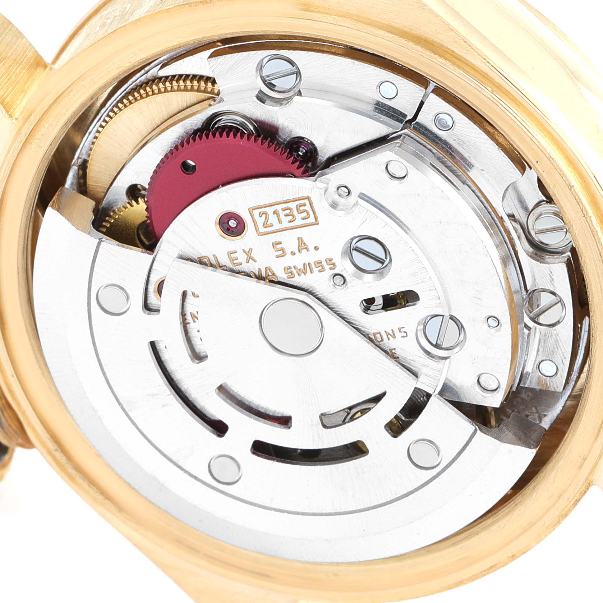 The image shows the internal mechanical components of the Rolex President 69178 Women
s Yellow Gold Champagne Dial 69178 Women
s Yellow Gold Champagne Dial watch model from a rear angle.