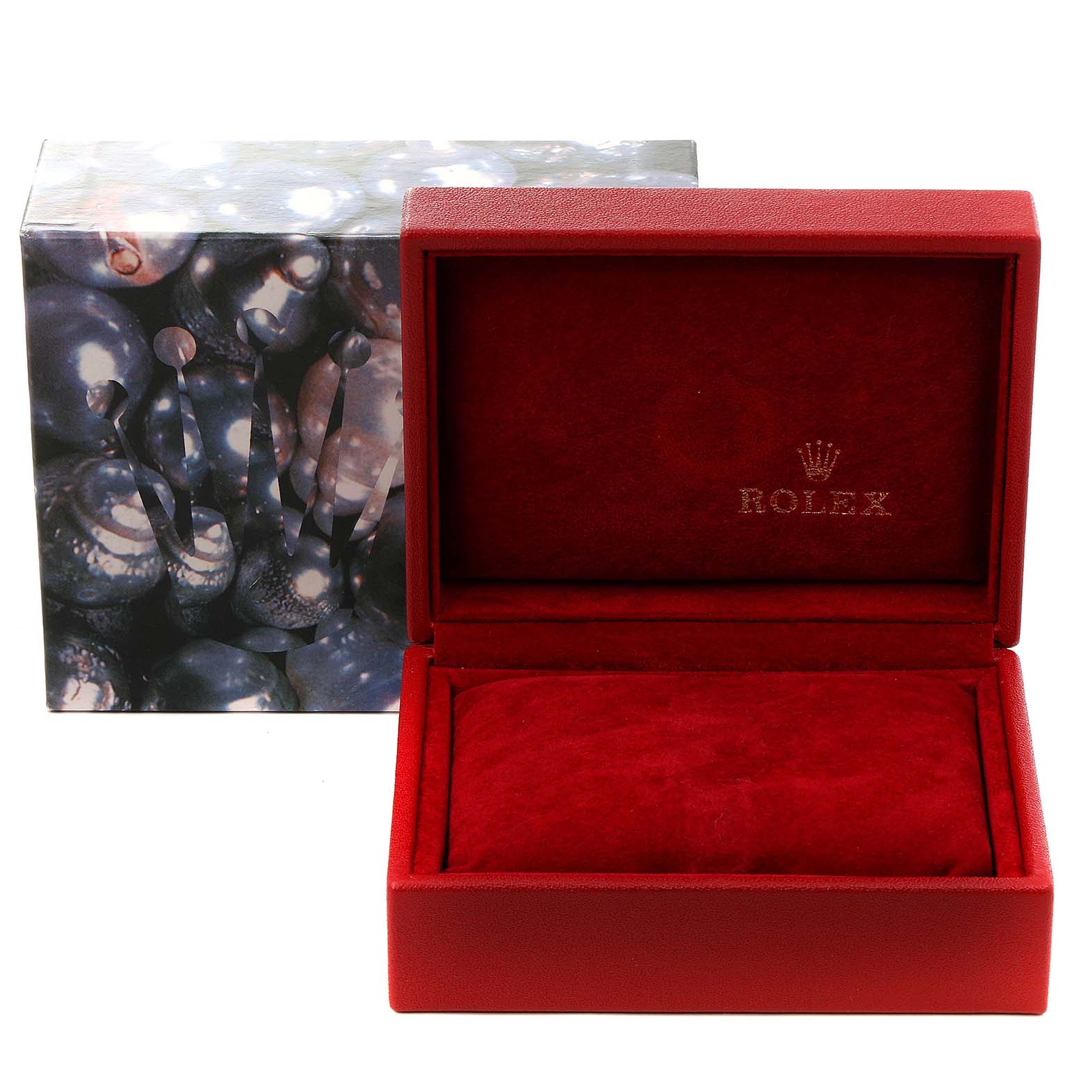 The image shows an empty red Rolex watch box and a partially visible outer box for the Rolex President 69138 Women
s Yellow Gold Champagne Dial 69138 Women
s Yellow Gold Champagne Dial model.