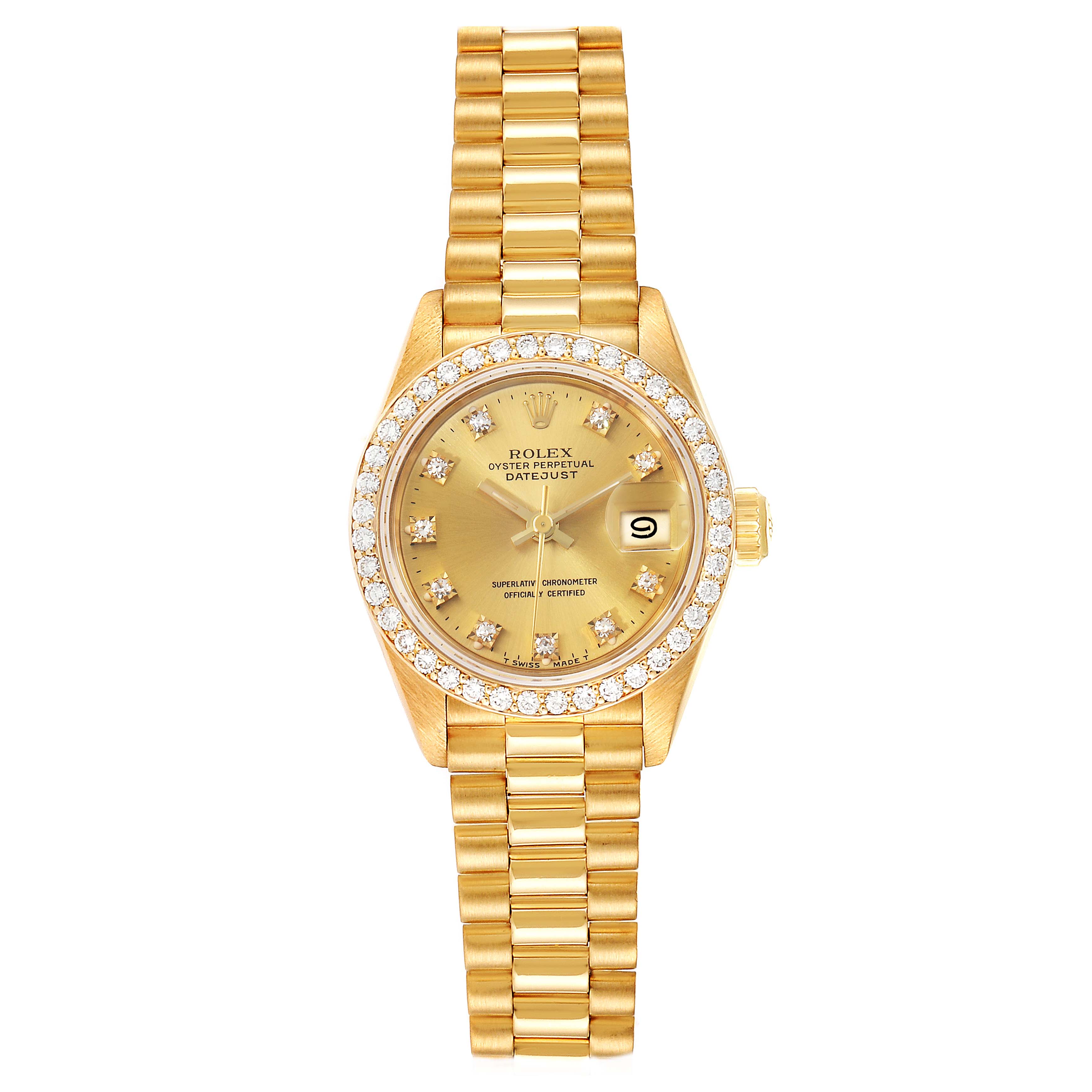 The image shows a front view of a Rolex President 69138 Women
s Yellow Gold Champagne Dial 69138 Women
s Yellow Gold Champagne Dial model watch, featuring a gold bracelet and diamond-set bezel.