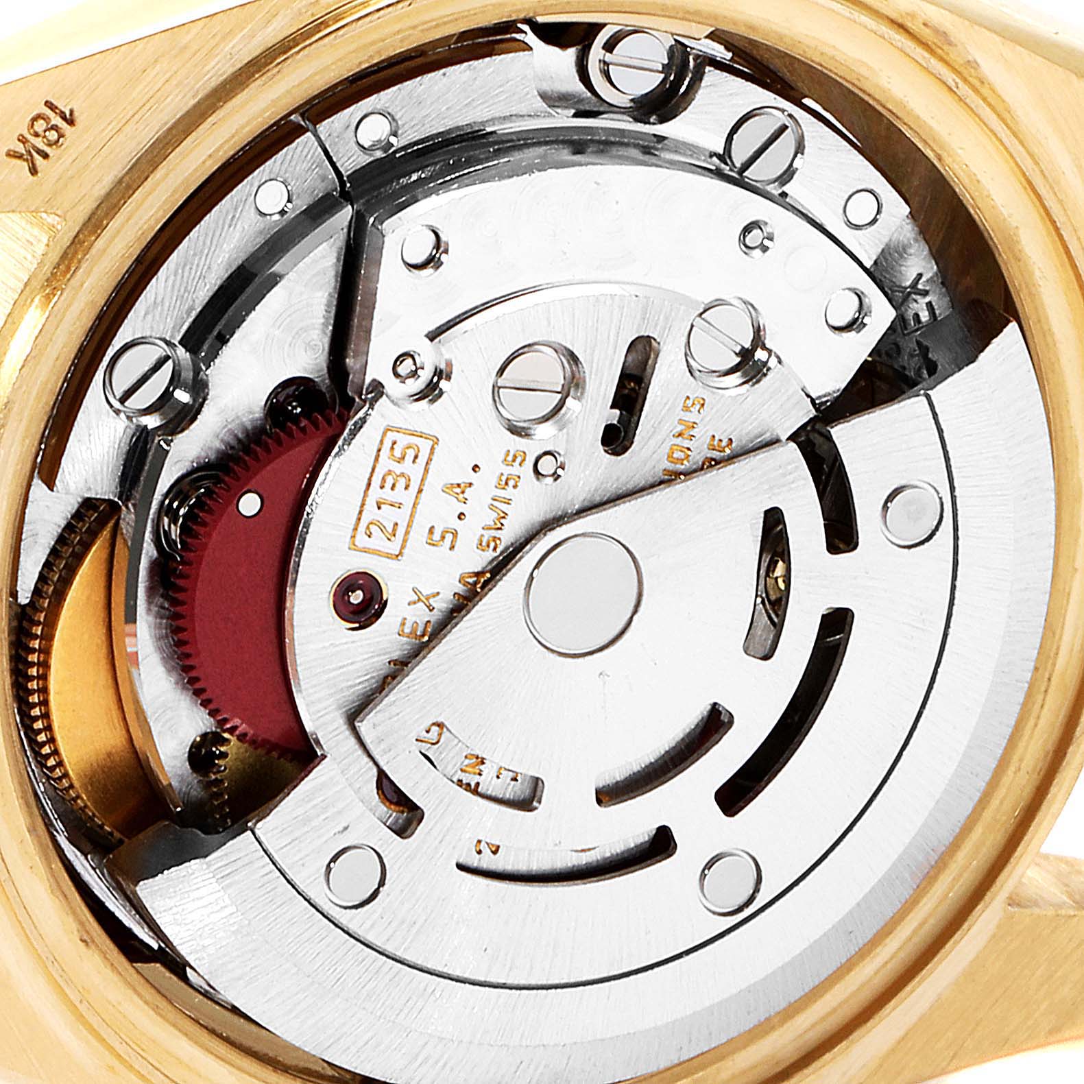 This image shows the internal mechanical movement of a Rolex President 69138 Women
s Yellow Gold Champagne Dial 69138 Women
s Yellow Gold Champagne Dial model watch, viewed from the back.