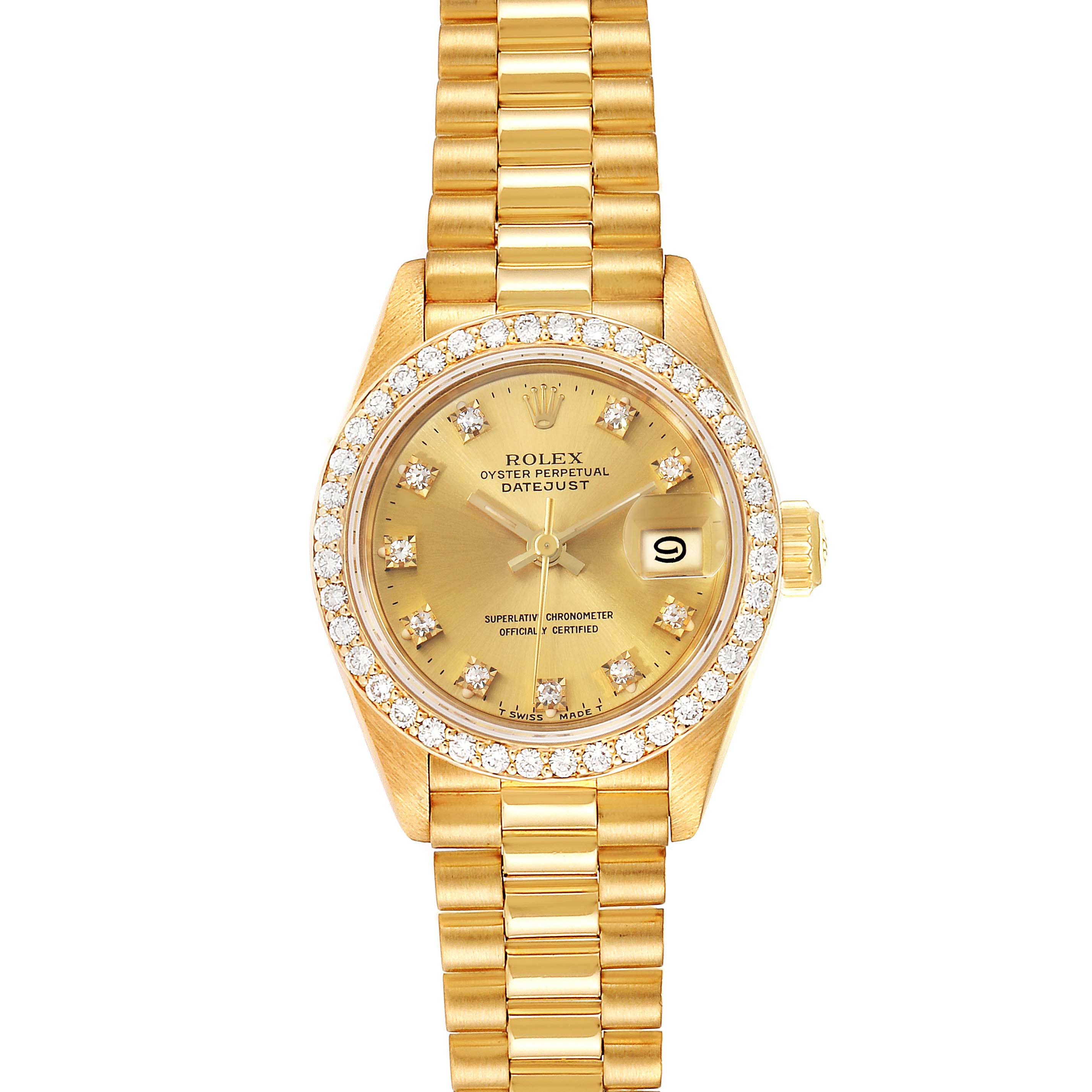 The image shows a front view of a Rolex President 69138 Women
s Yellow Gold Champagne Dial 69138 Women
s Yellow Gold Champagne Dial model, featuring a gold bracelet, diamond-set bezel, and date display.
