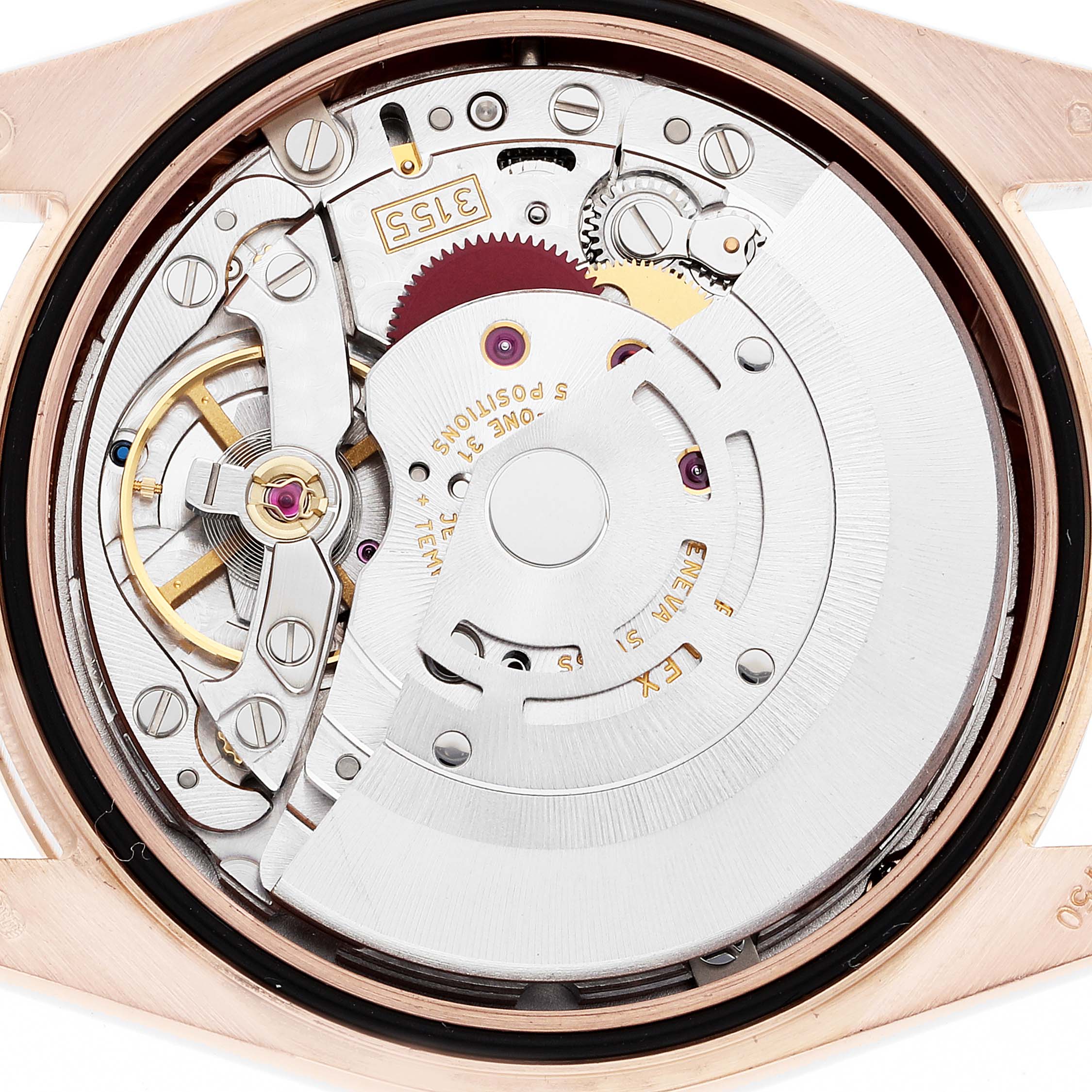 This image shows the inner mechanical movement of a Rolex President 118235 Men's Rose Gold Pink Dial 118235 Men's Rose Gold Pink Dial model watch from the back.