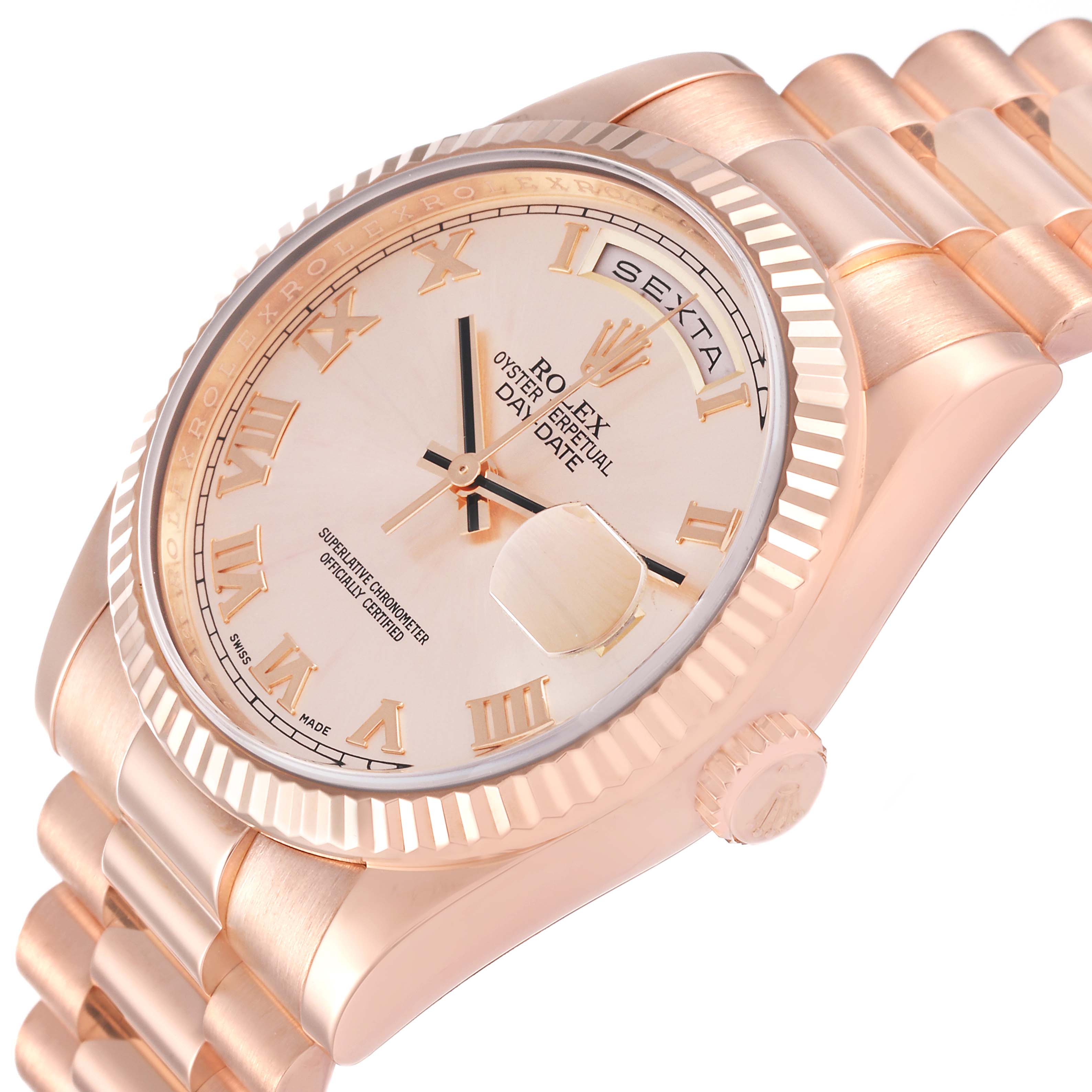 The image shows a close-up angle of the Rolex President 118235 Men's Rose Gold Pink Dial 118235 Men's Rose Gold Pink Dial model watch, highlighting its dial, bezel, and part of the bracelet.
