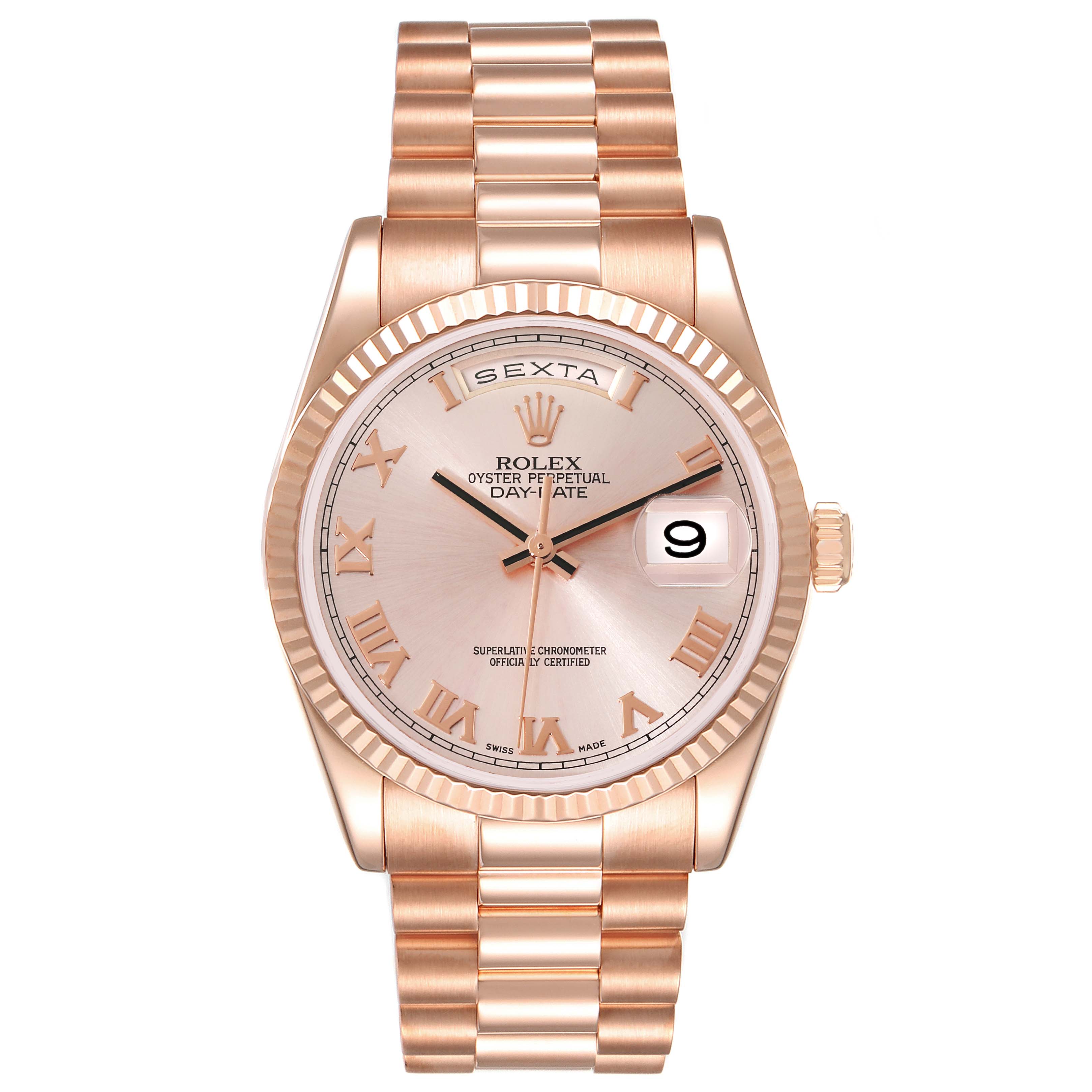 The image shows a frontal view of a Rolex President 118235 Men's Rose Gold Pink Dial 118235 Men's Rose Gold Pink Dial watch, featuring its gold band, bezel, crown, and day-date dial.