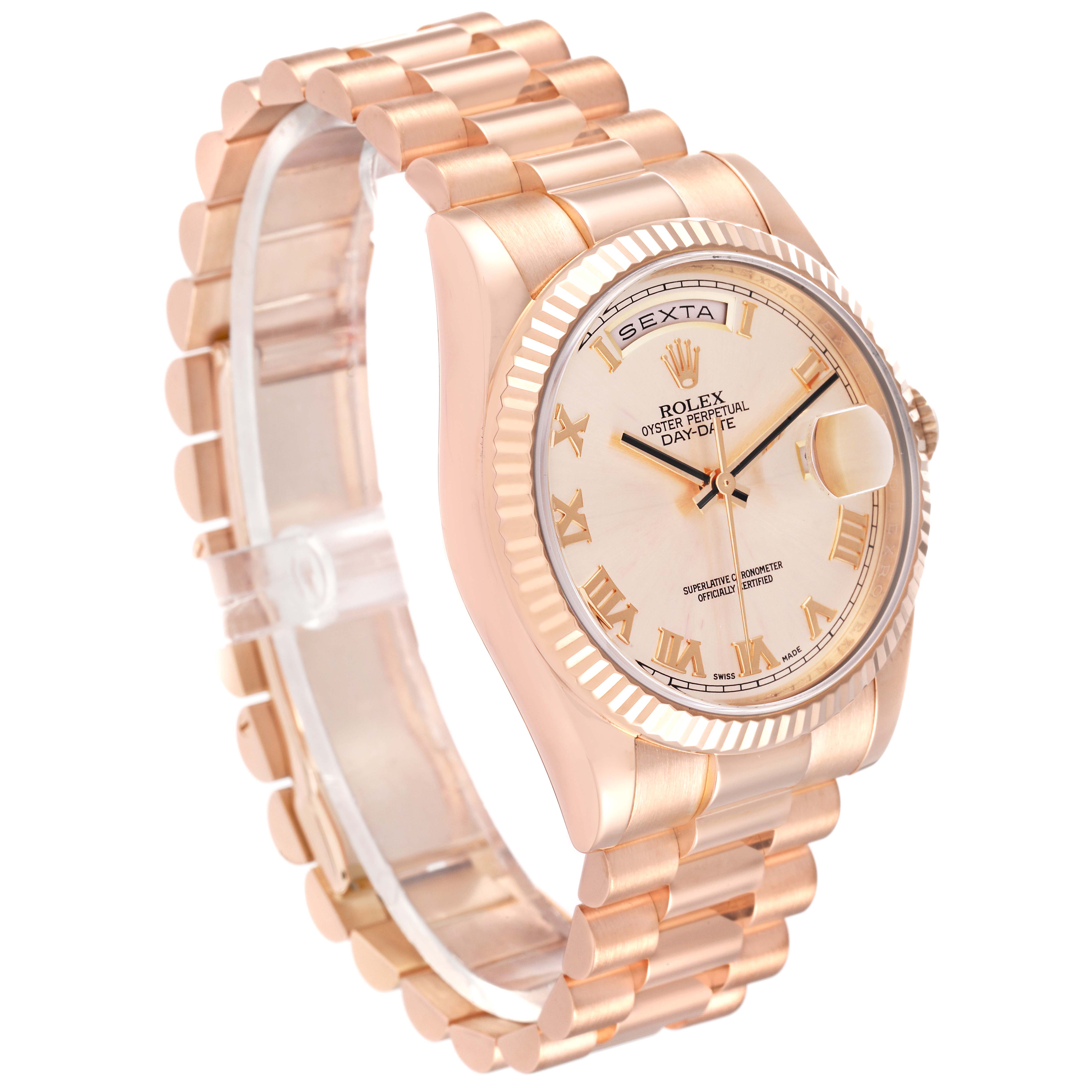 The image shows a Rolex President 118235 Men's Rose Gold Pink Dial 118235 Men's Rose Gold Pink Dial model watch at a three-quarter angle, highlighting its face, bezel, and bracelet.