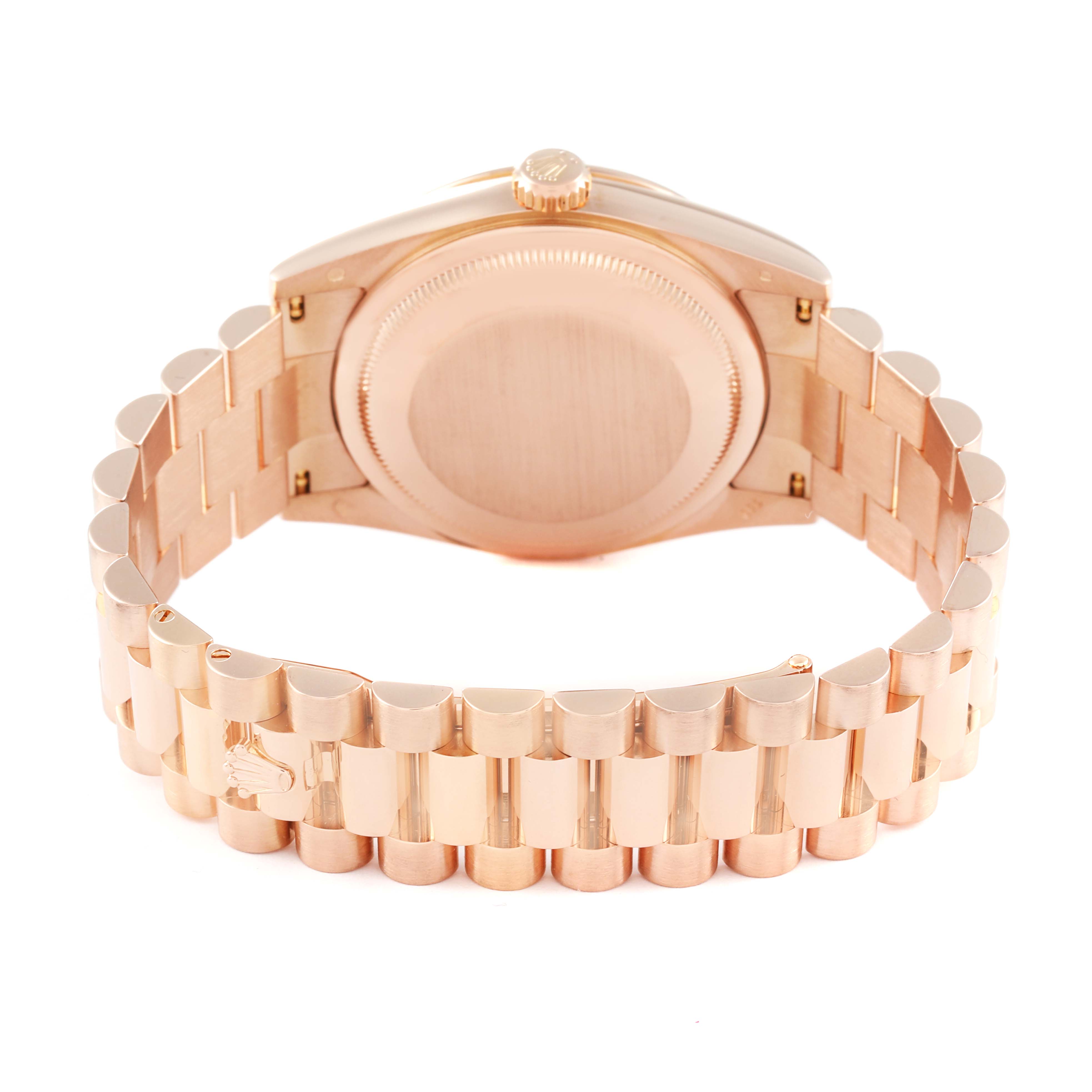 The image shows the back case and bracelet of a Rolex President 118235 Men's Rose Gold Pink Dial 118235 Men's Rose Gold Pink Dial model watch, taken from a rear angle.