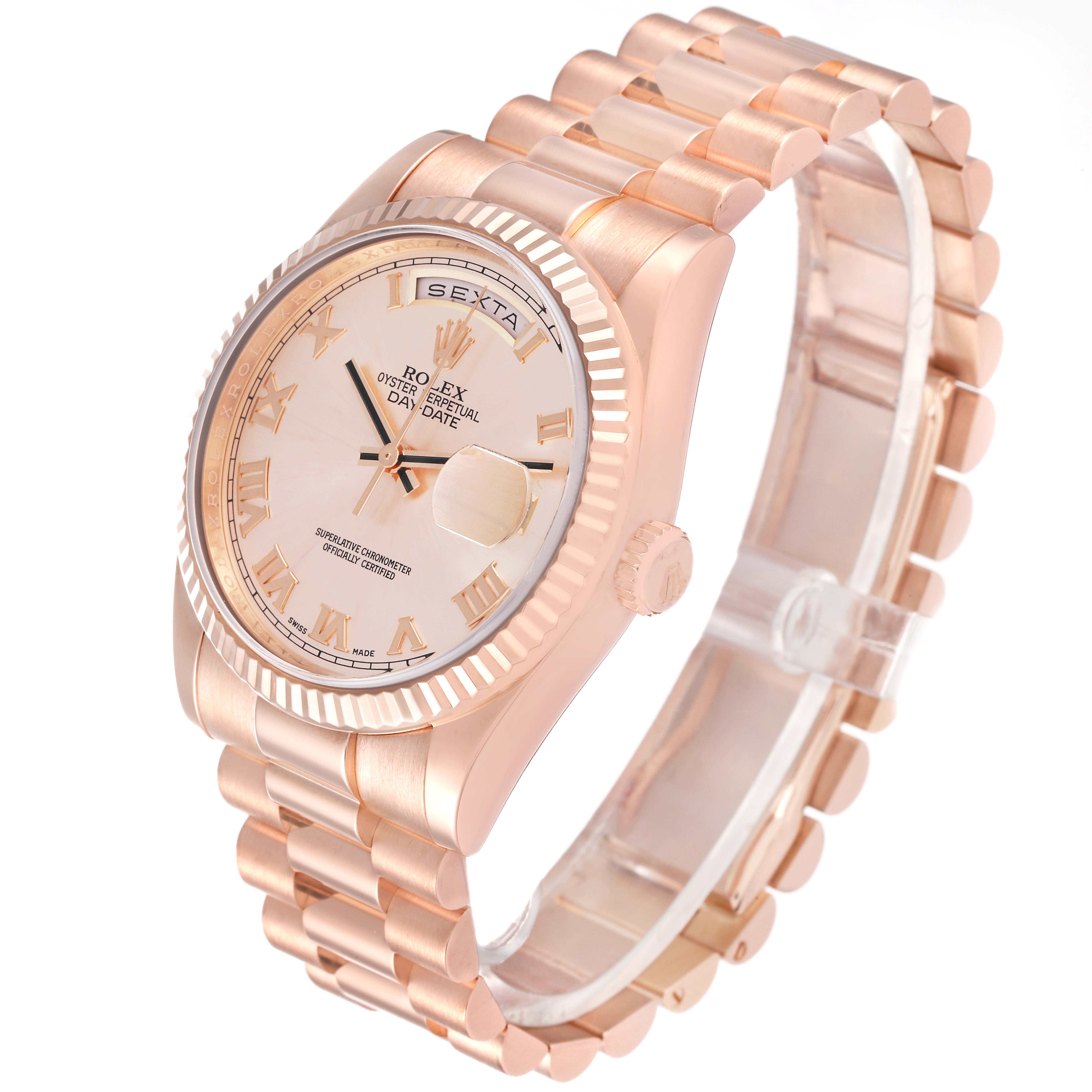 This image shows the Rolex President 118235 Men's Rose Gold Pink Dial 118235 Men's Rose Gold Pink Dial model watch at a three-quarter angle, highlighting the dial, bezel, and bracelet.