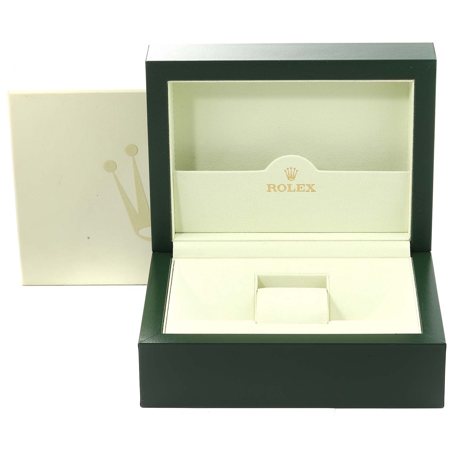The image shows an open Rolex watch box for a President model, with the inner cushion and compartments visible.