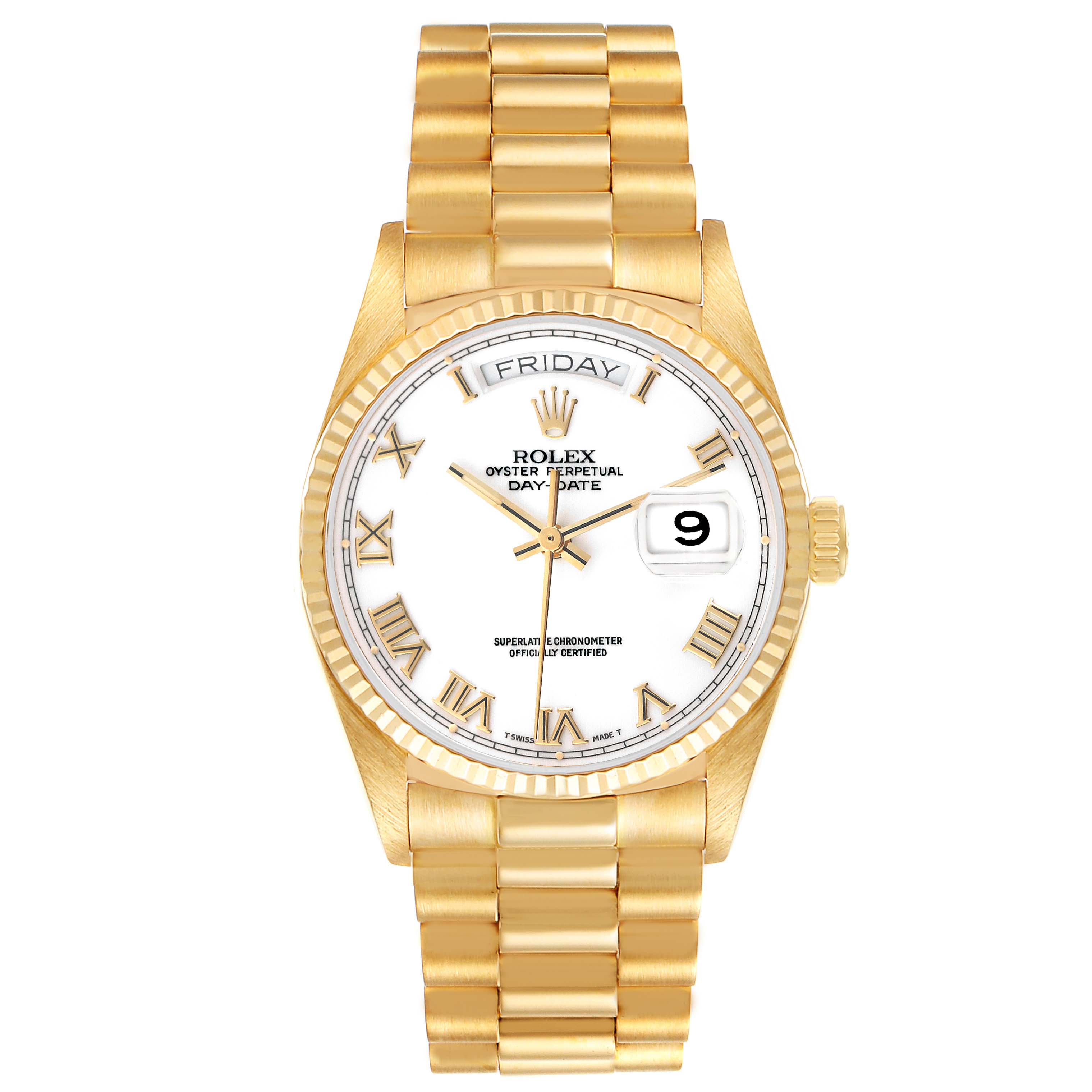 The image shows a front view of a Rolex President 18038 Men
s Yellow Gold White Dial 18038 Men
s Yellow Gold White Dial model watch, displaying the face, bezel, and bracelet.