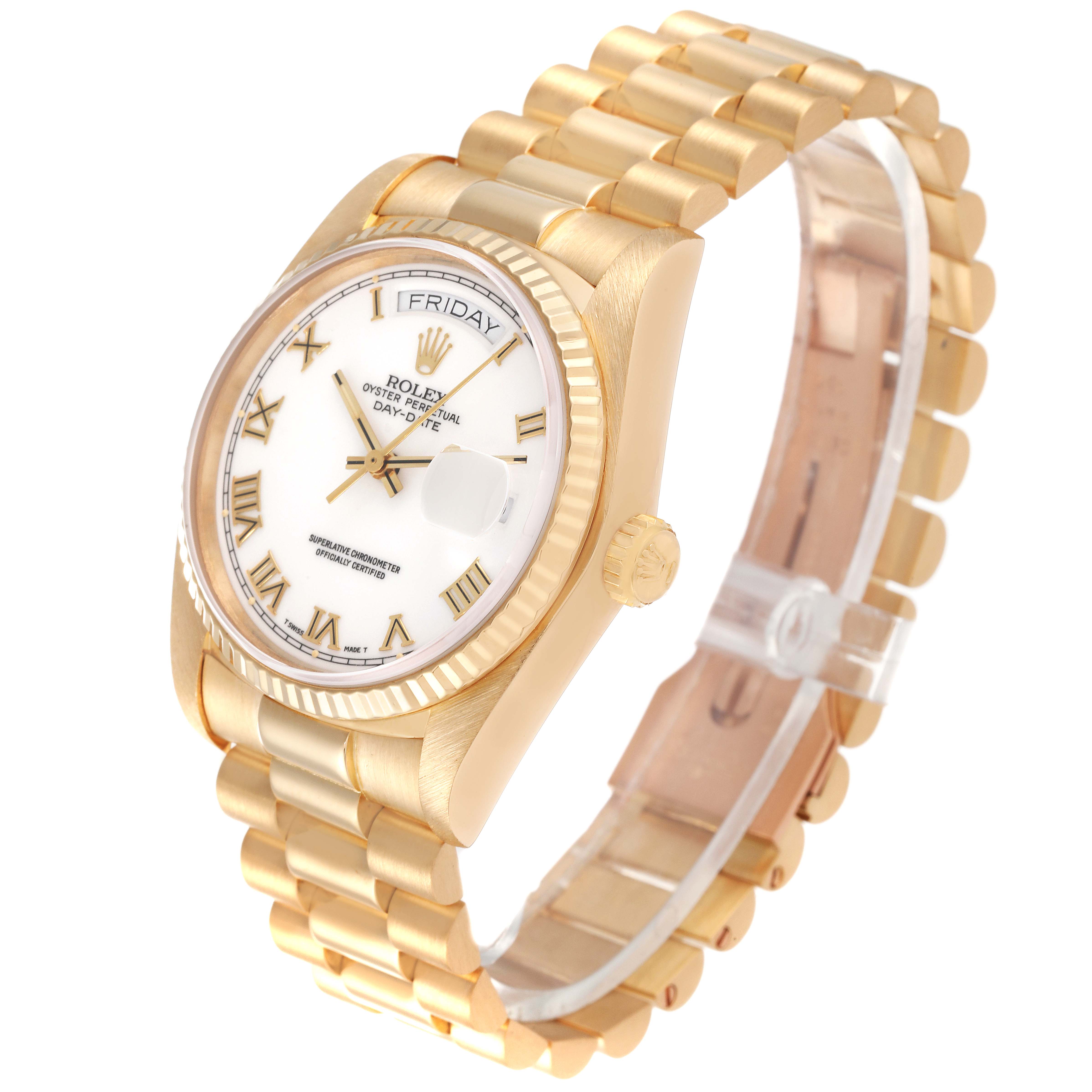 The Rolex President 18038 Men
s Yellow Gold White Dial 18038 Men
s Yellow Gold White Dial model watch is shown at a front angle, displaying the dial, bezel, bracelet, and crown.