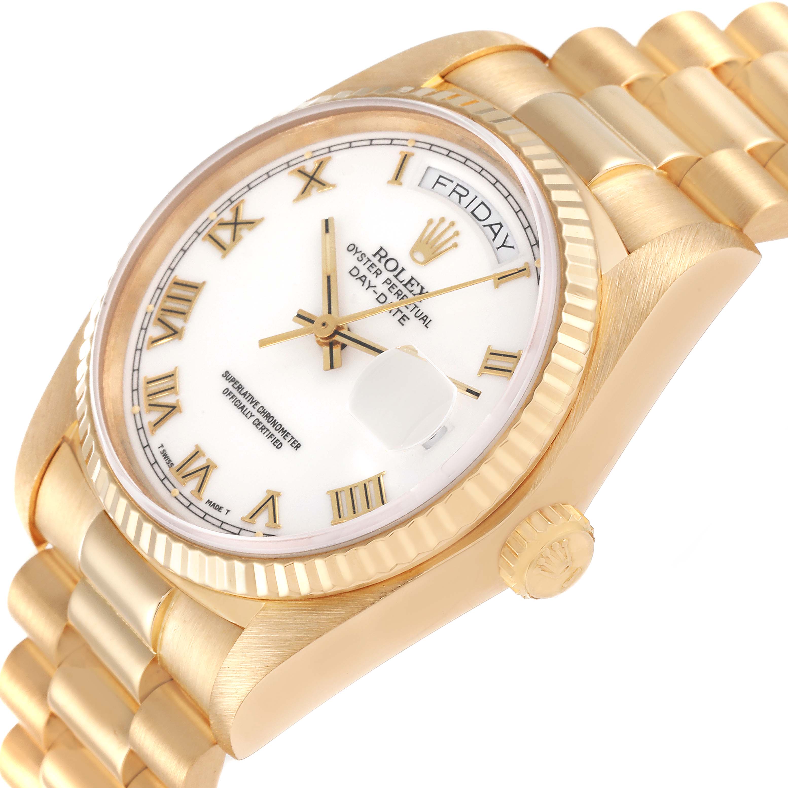 The Rolex President 18038 Men
s Yellow Gold White Dial 18038 Men
s Yellow Gold White Dial model watch is shown from an angled close-up view, displaying the dial, day-date window, bezel, crown, and bracelet.