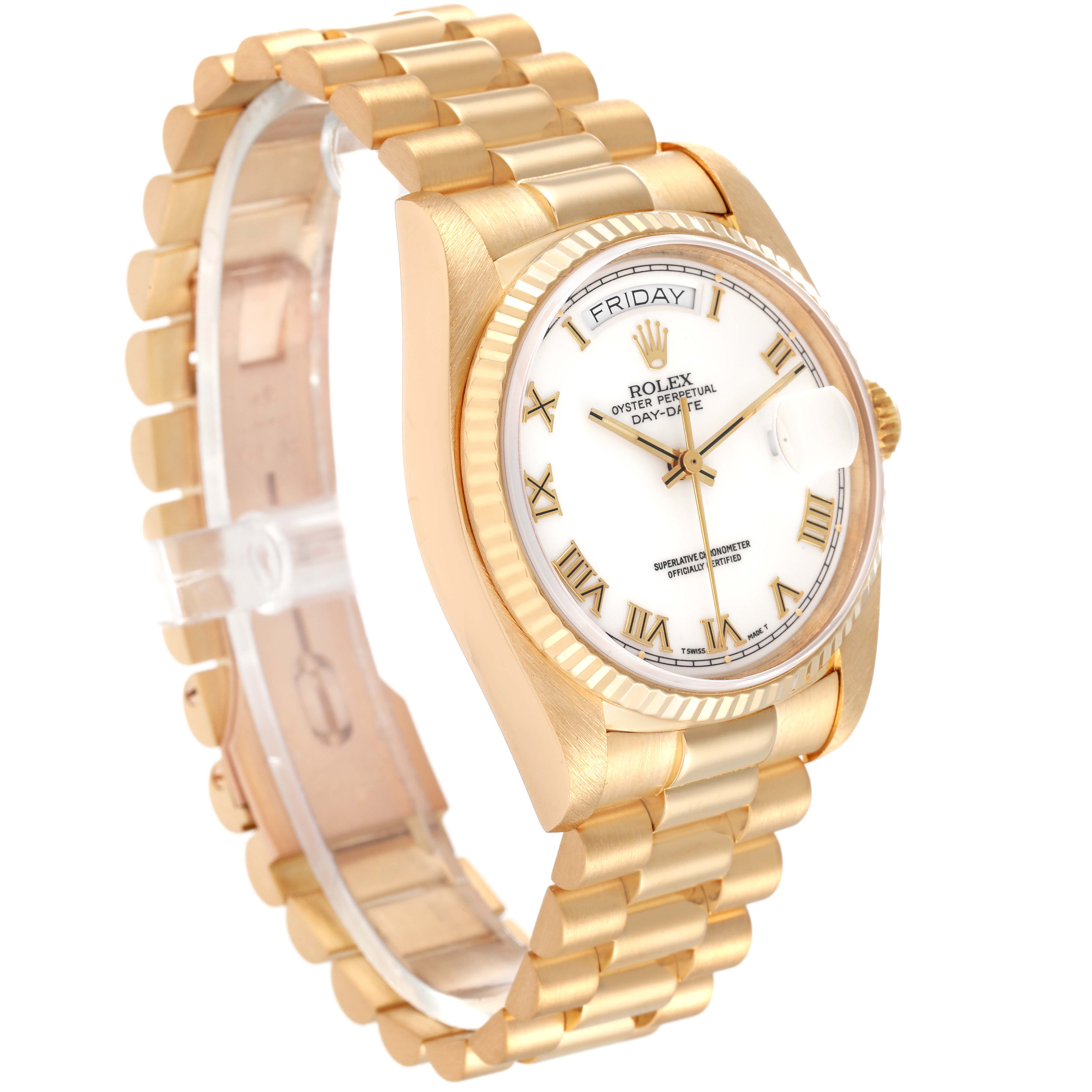 The image shows a Rolex President 18038 Men
s Yellow Gold White Dial 18038 Men
s Yellow Gold White Dial model watch from a side angle, featuring its bracelet, case, and dial.