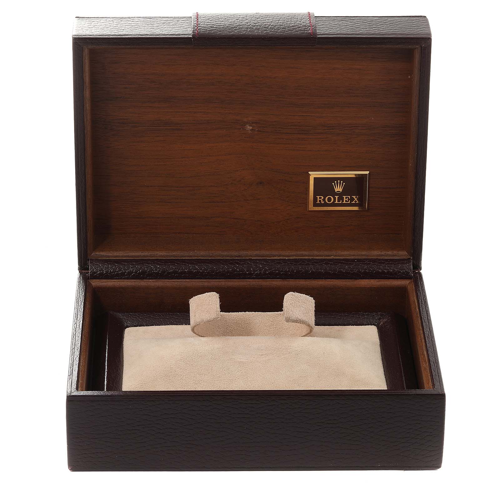 The image shows an open presentation box for a Rolex President 18038 Men
s Yellow Gold White Dial 18038 Men
s Yellow Gold White Dial model watch, displaying the interior and the Rolex logo.