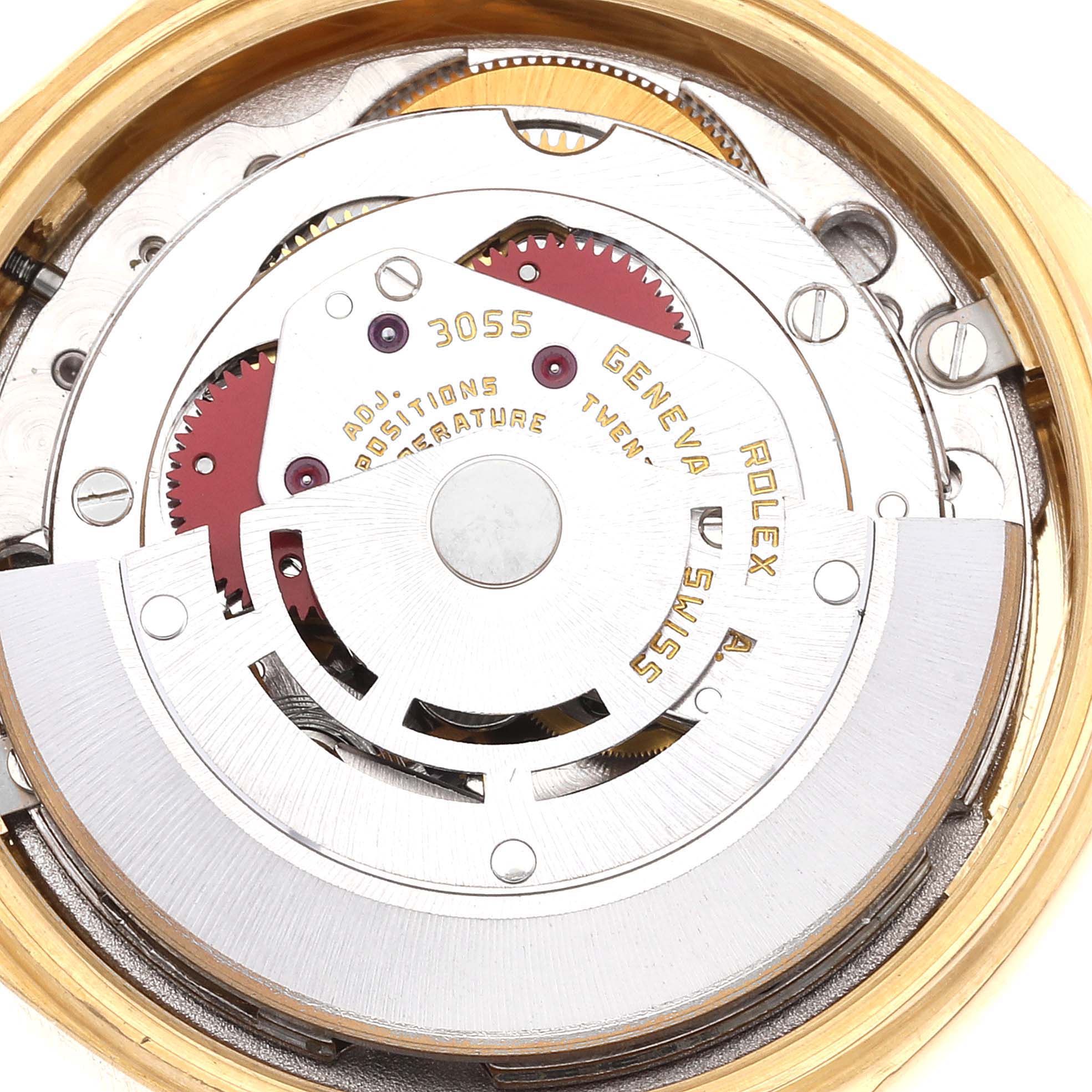 This image shows the movement mechanism of a Rolex President 18038 Men
s Yellow Gold White Dial 18038 Men
s Yellow Gold White Dial model watch viewed from the back.
