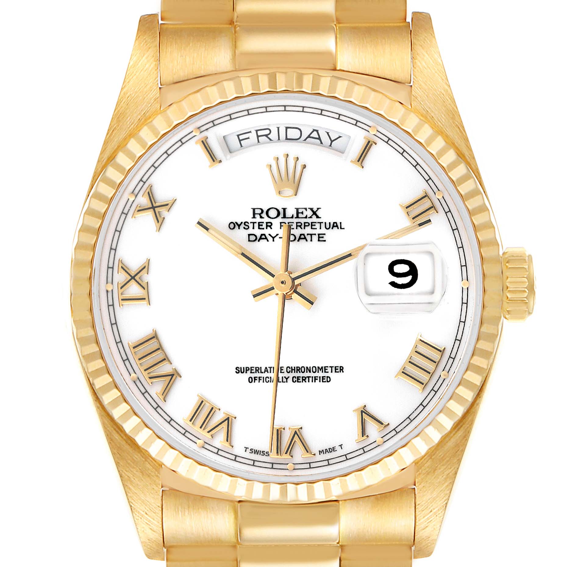 The Rolex President 18038 Men
s Yellow Gold White Dial 18038 Men
s Yellow Gold White Dial model watch is shown from a front angle, displaying its gold case, white dial with Roman numerals, and day-date feature.