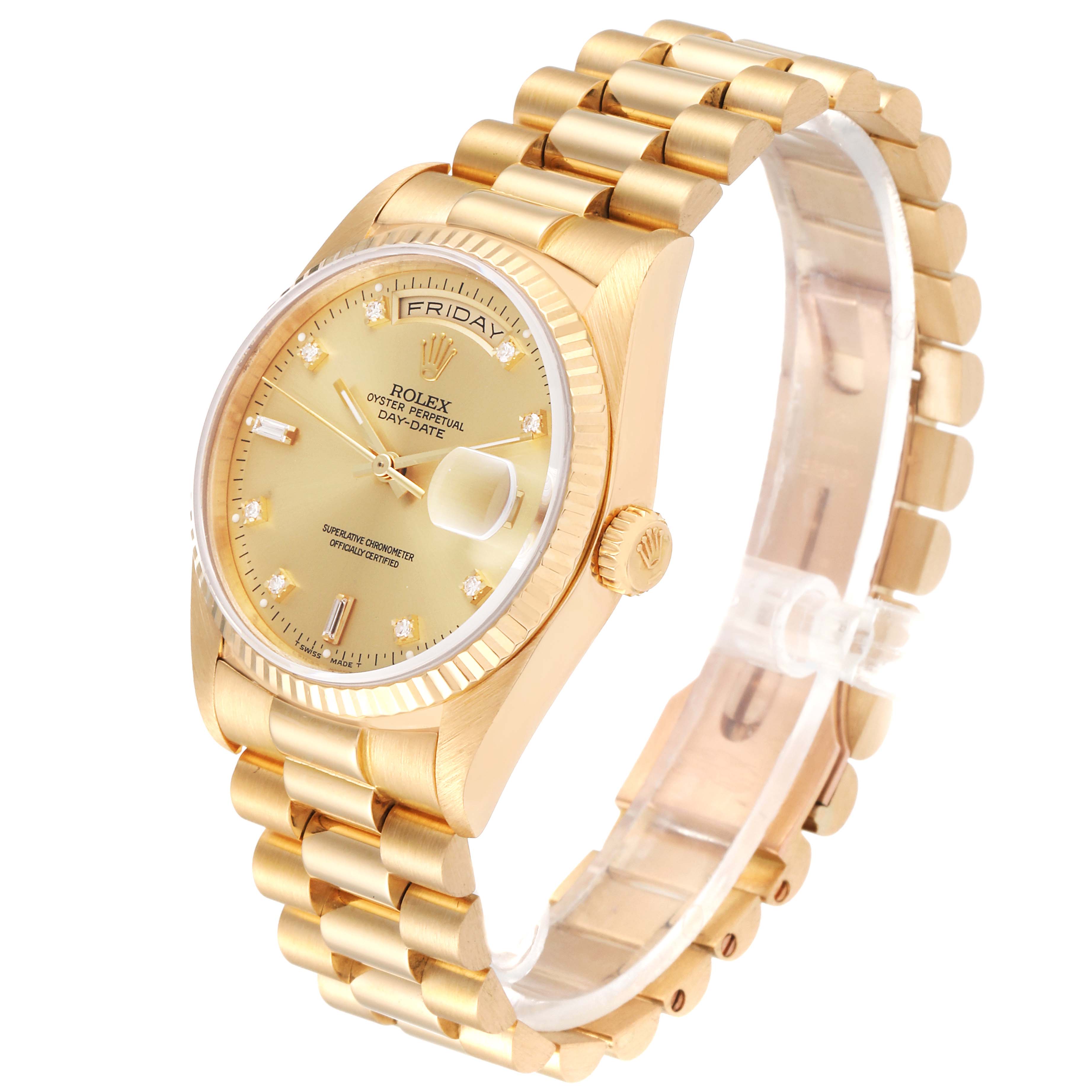This image shows a Rolex President 18238 Men
s Yellow Gold Champagne Dial 18238 Men
s Yellow Gold Champagne Dial model watch at a three-quarter angle, highlighting the watch face, crown, and bracelet.
