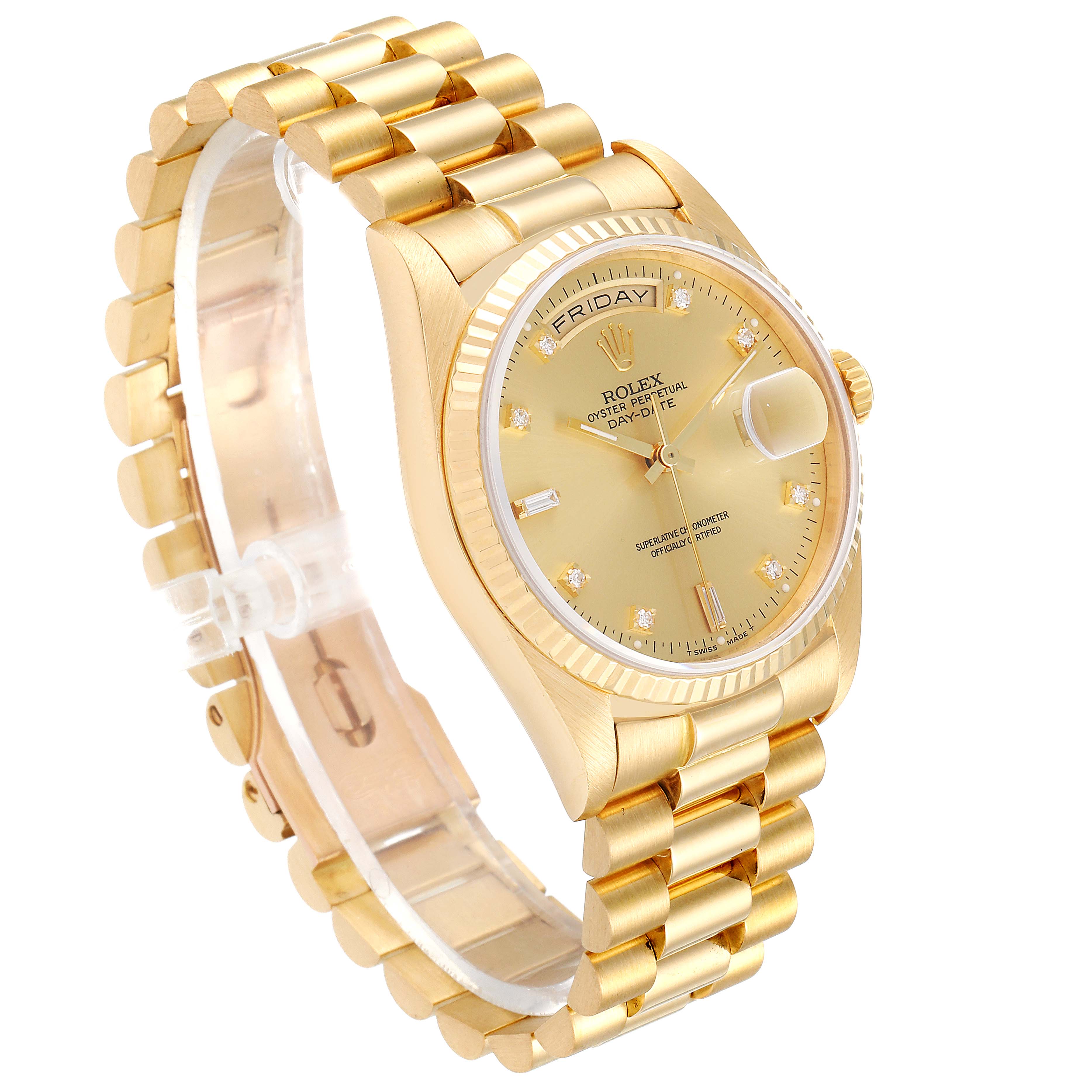 The image shows a Rolex President 18238 Men
s Yellow Gold Champagne Dial 18238 Men
s Yellow Gold Champagne Dial model watch at an angle, displaying the face, band, crown, and bezel.