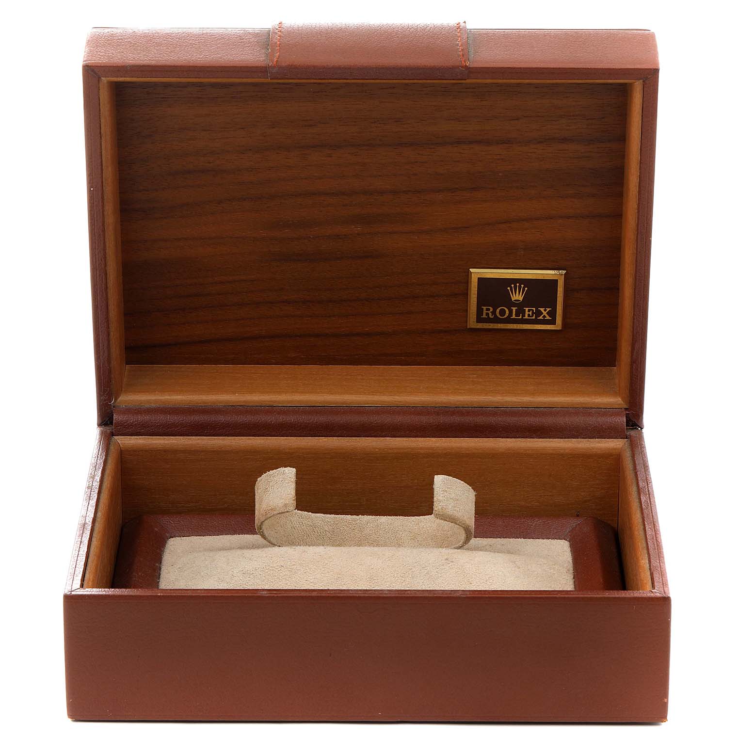 This image shows an open Rolex President 18238 Men
s Yellow Gold Champagne Dial 18238 Men
s Yellow Gold Champagne Dial model watch box with a wooden interior and a Rolex logo inside.