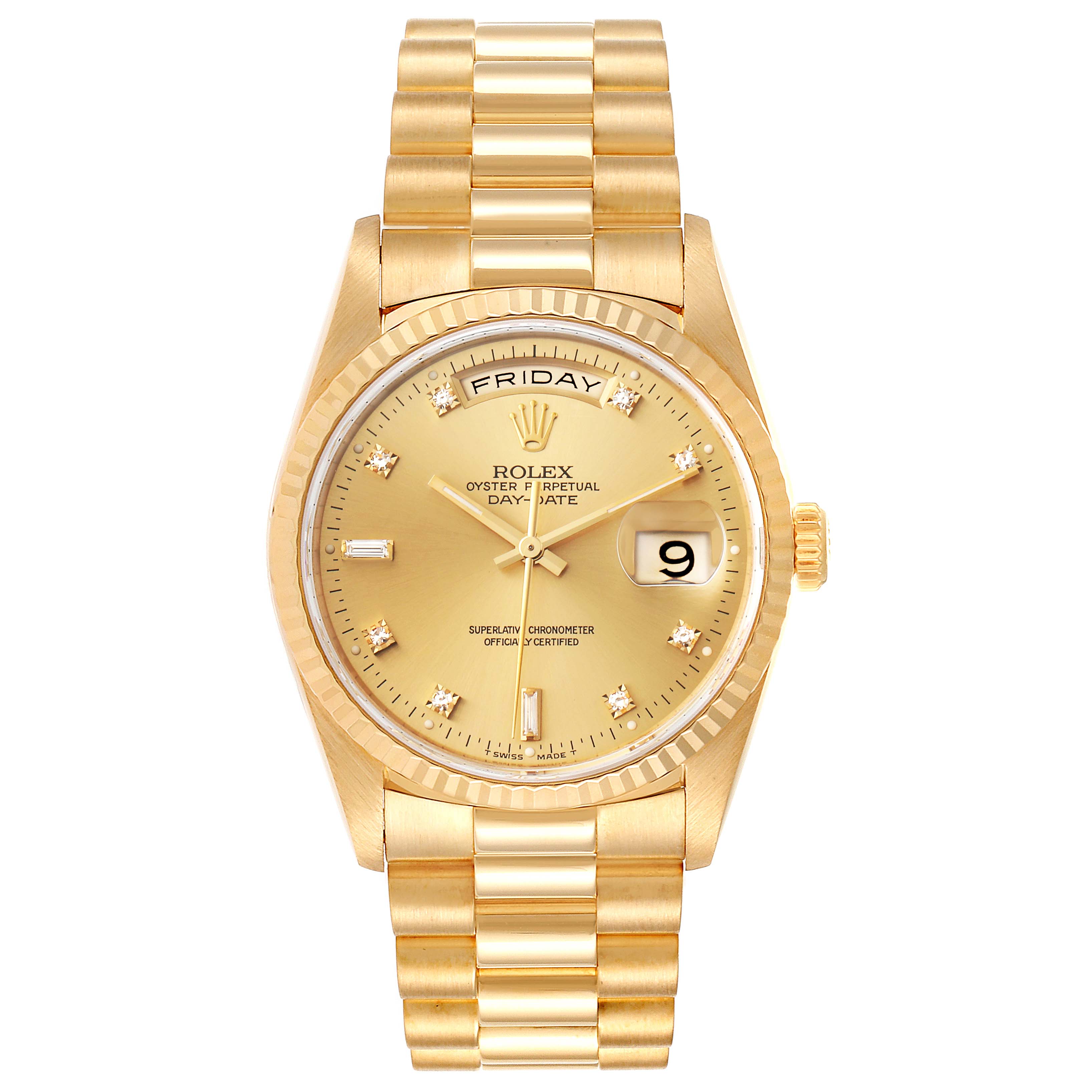 The image shows a front view of a Rolex President 18238 Men
s Yellow Gold Champagne Dial 18238 Men
s Yellow Gold Champagne Dial model watch displaying the face, bezel, crown, and bracelet.