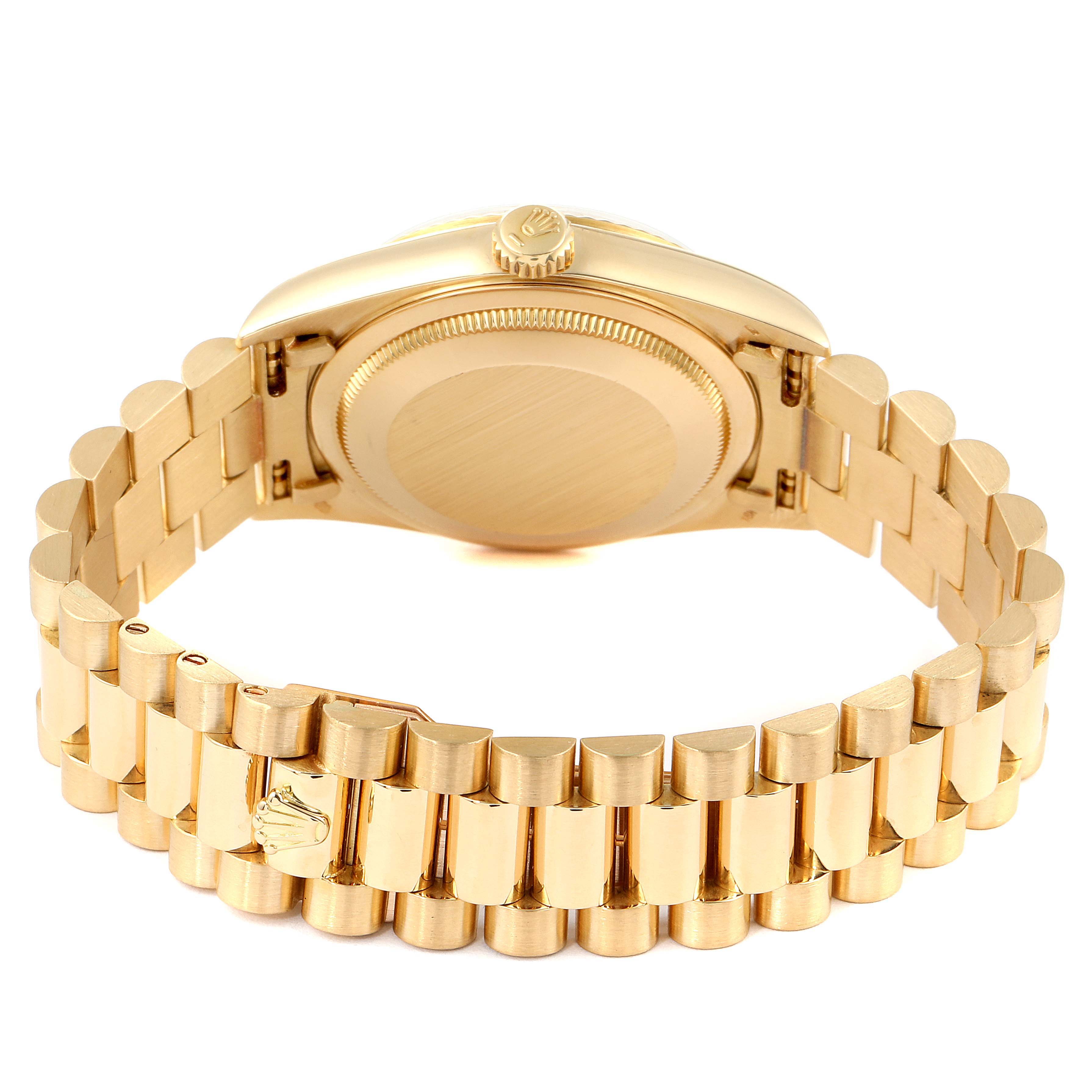 This image shows the backside and bracelet of a gold Rolex President 18238 Men
s Yellow Gold Champagne Dial 18238 Men
s Yellow Gold Champagne Dial model watch.