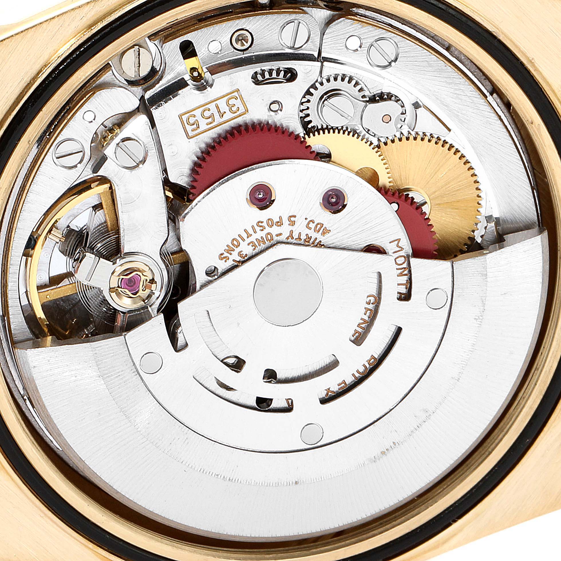 This image shows the interior mechanical movement of a Rolex President 18238 Men
s Yellow Gold Champagne Dial 18238 Men
s Yellow Gold Champagne Dial model watch.