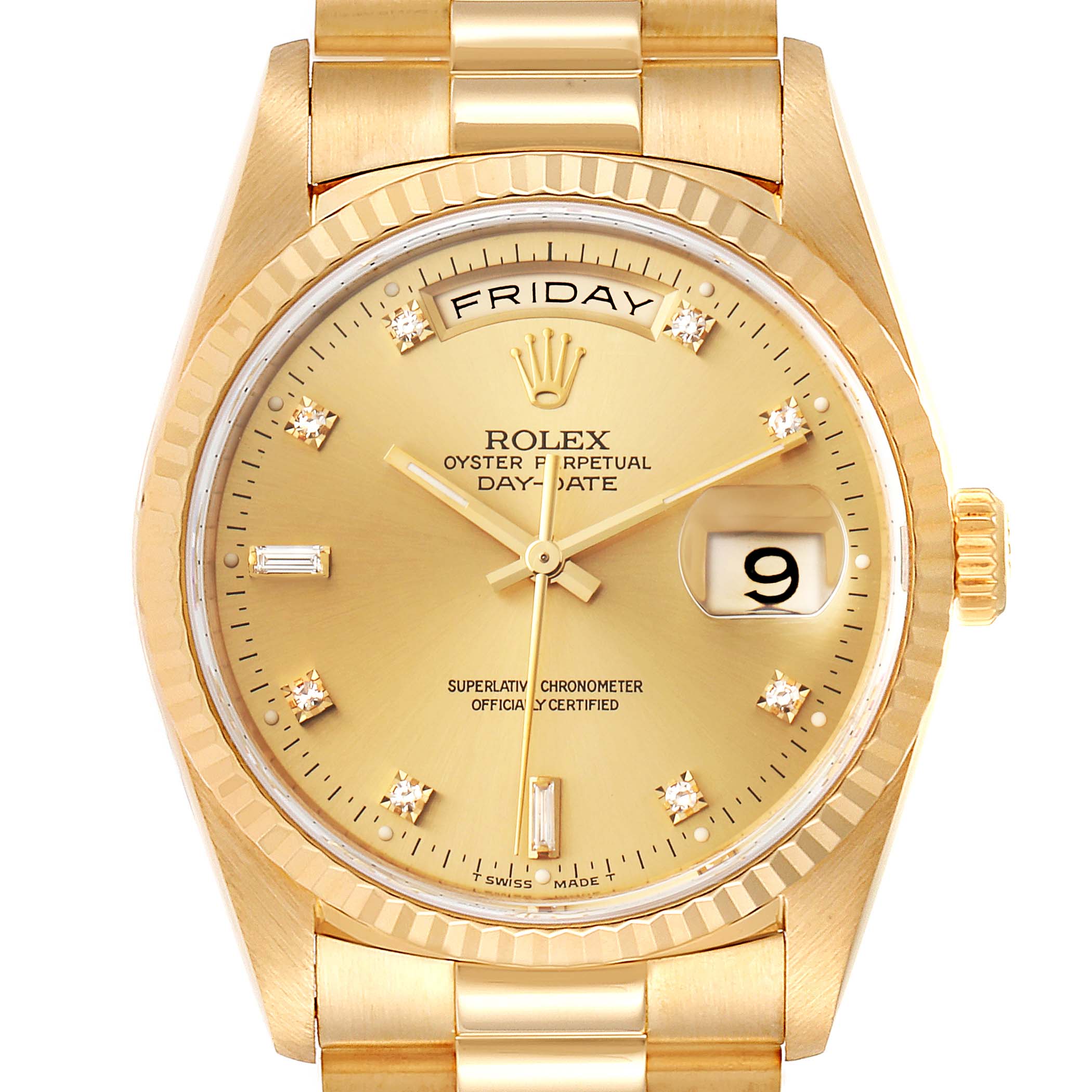 The image shows a frontal view of the Rolex President 18238 Men
s Yellow Gold Champagne Dial 18238 Men
s Yellow Gold Champagne Dial model watch, highlighting the dial, bezel, and part of the bracelet.