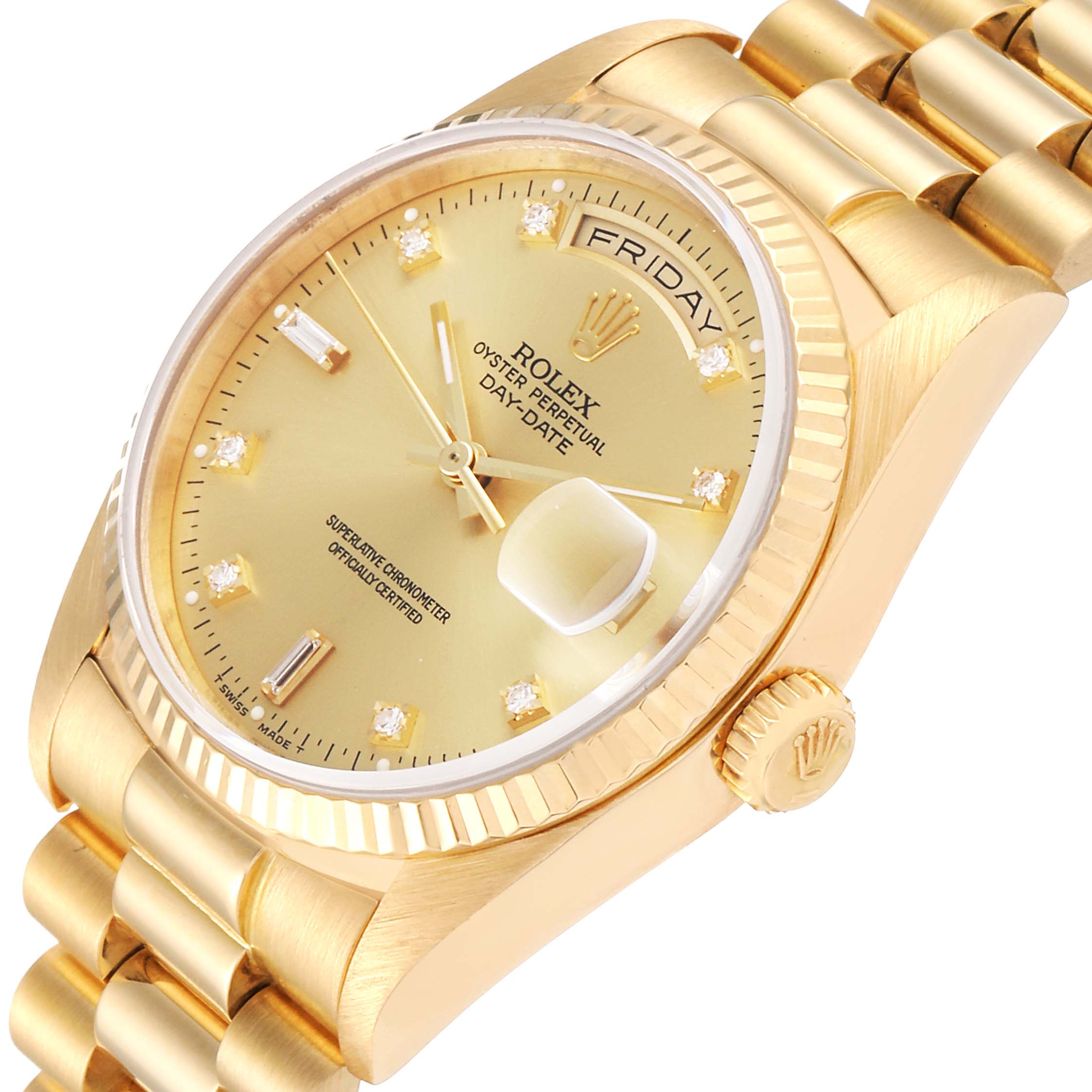 The Rolex President 18238 Men
s Yellow Gold Champagne Dial 18238 Men
s Yellow Gold Champagne Dial model watch is shown from an angled side view, highlighting the dial, crown, and bracelet.