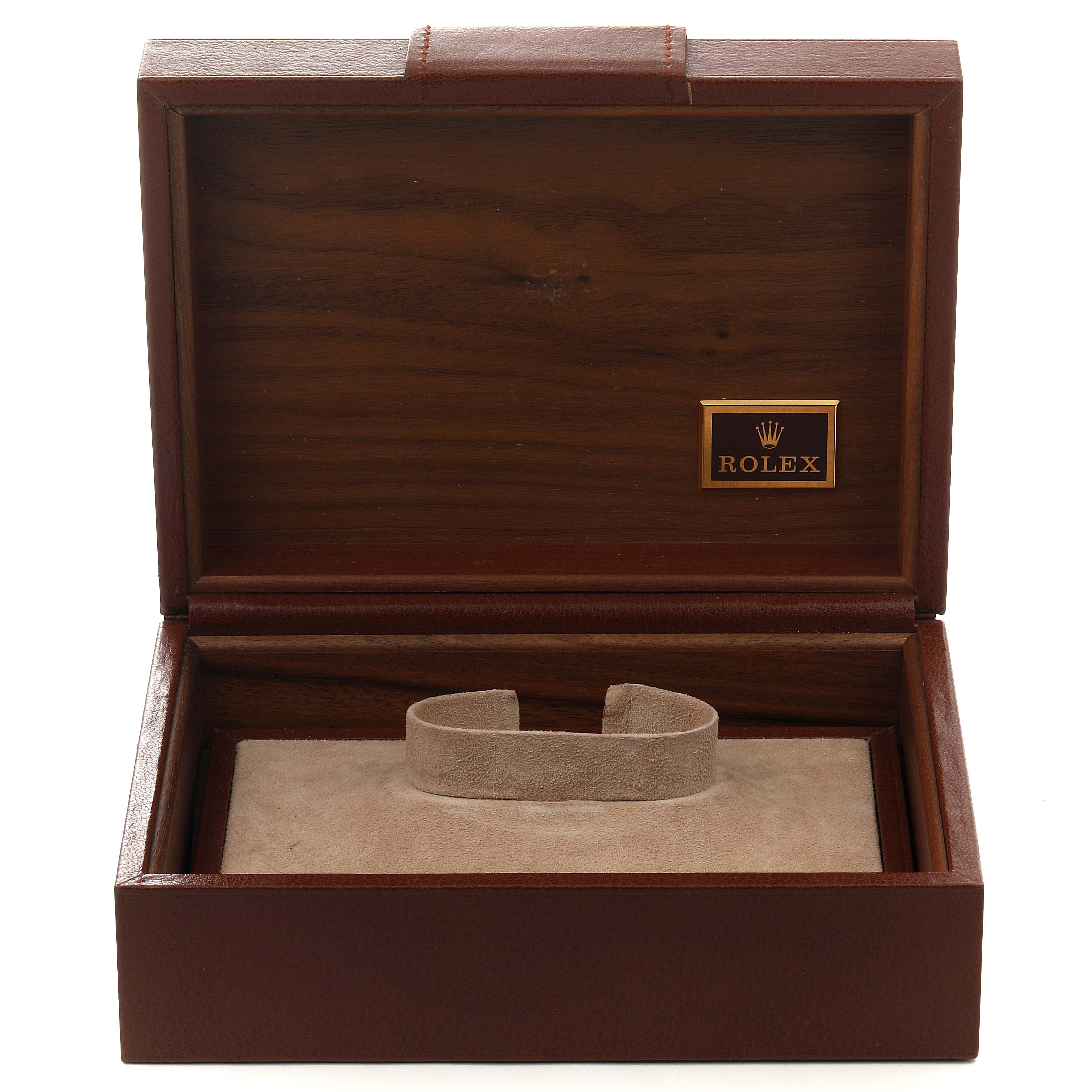 This image displays an empty Rolex President 18238 Men
s Yellow Gold Champagne Dial 18238 Men
s Yellow Gold Champagne Dial model watch box, open to reveal the interior and logo.